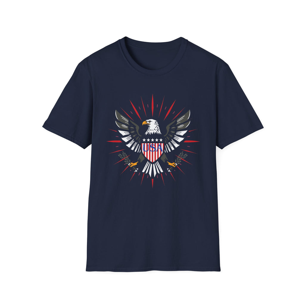 Unisex Softstyle T-Shirt, bold vector emblem, eagle crest, shield badge, patriotic colors, fireworks rays, clean lines, symmetrical design