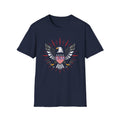 Unisex Softstyle T-Shirt, bold vector emblem, eagle crest, shield badge, patriotic colors, fireworks rays, clean lines, symmetrical design