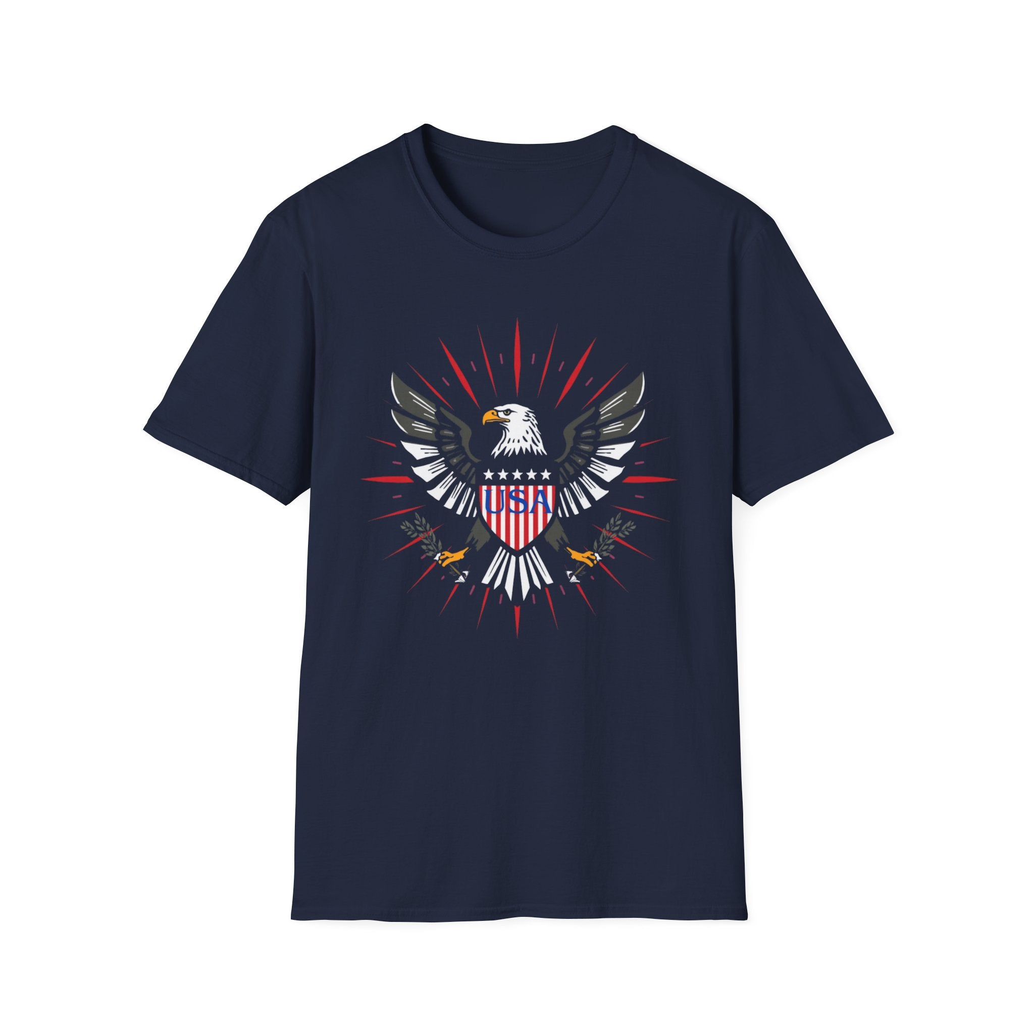 Unisex Softstyle T-Shirt, bold vector emblem, eagle crest, shield badge, patriotic colors, fireworks rays, clean lines, symmetrical design