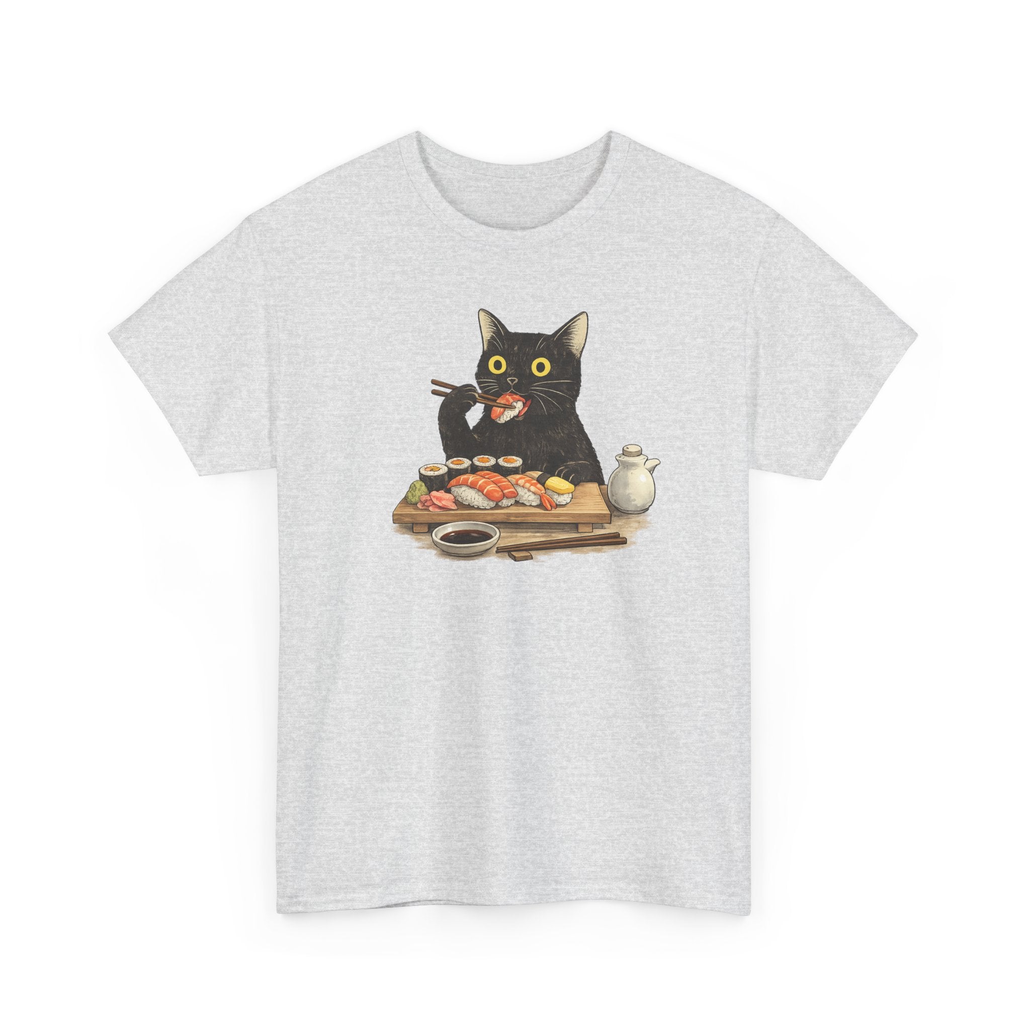 Unisex Heavy Cotton Tee, cat eating sushi