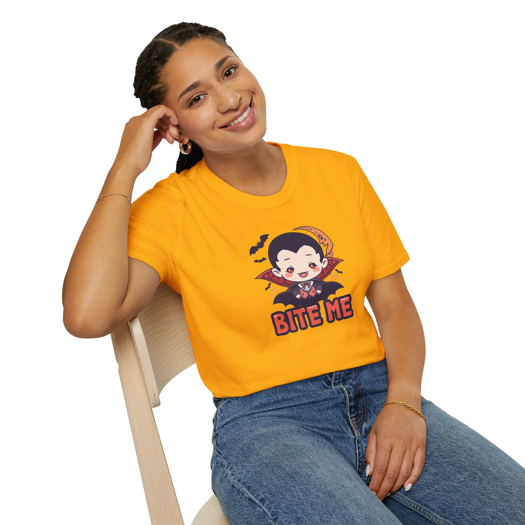 Unisex Softstyle T-Shirt,Bite Me Vampire Shirt, Cute Halloween Tee, Funny Spooky Shirt, Chibi Vampire T-Shirt, Gothic Funny Tee