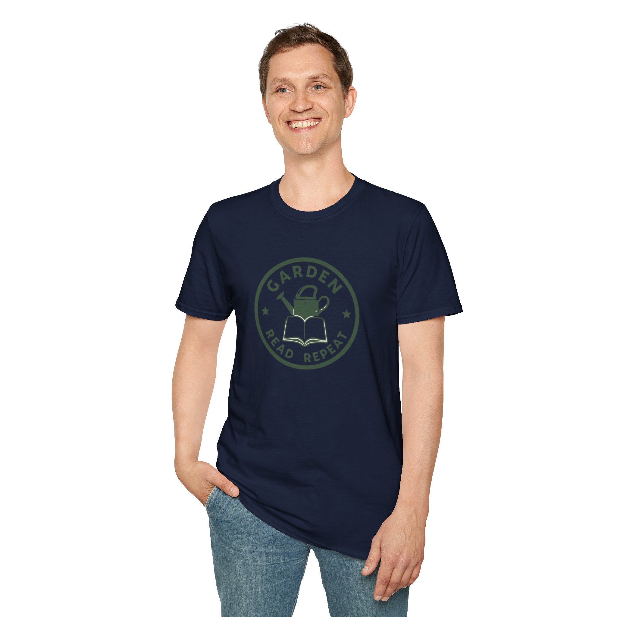 Unisex Softstyle T-Shirt,Garden Read Repeat Shirt, Gardening Book Lover Tee, Plant Reader Gift, Garden Lover T-Shirt, Bookish Gardener Tee