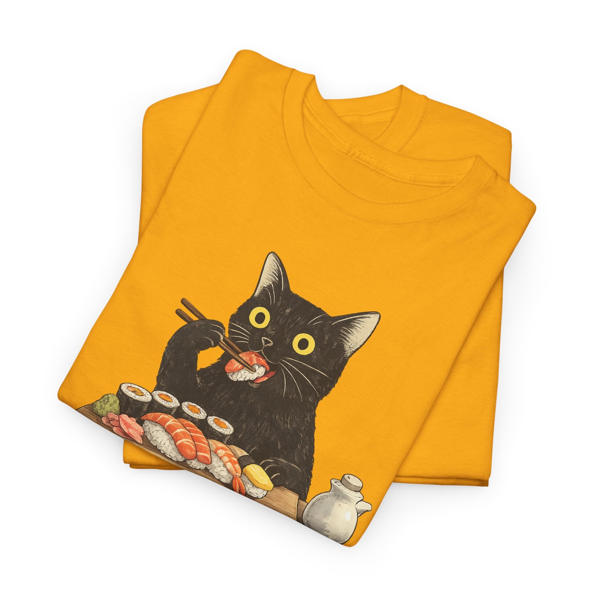 Unisex Heavy Cotton Tee, cat eating sushi