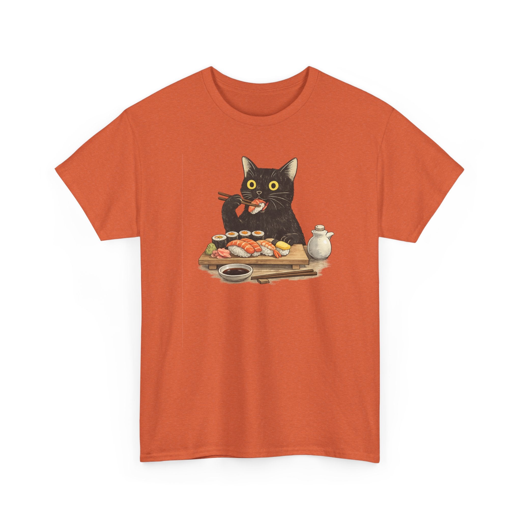 Unisex Heavy Cotton Tee, cat eating sushi