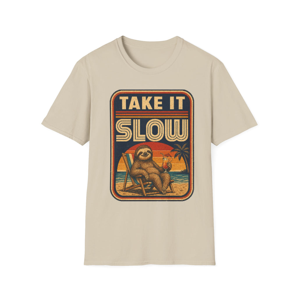 Unisex Softstyle T-Shirt, sloth chilling on beach
