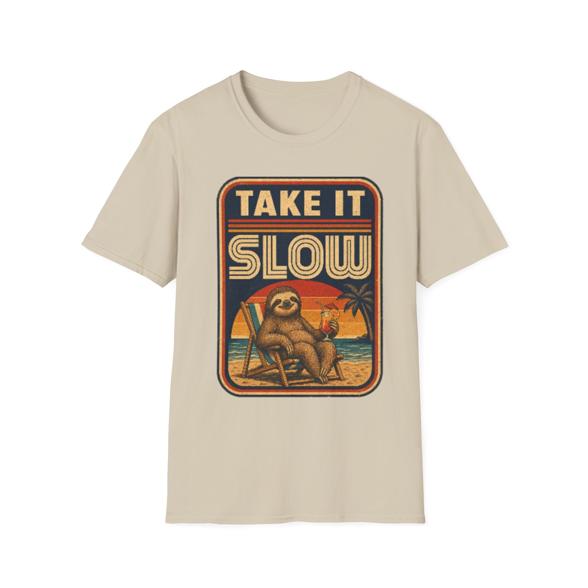 Unisex Softstyle T-Shirt, sloth chilling on beach