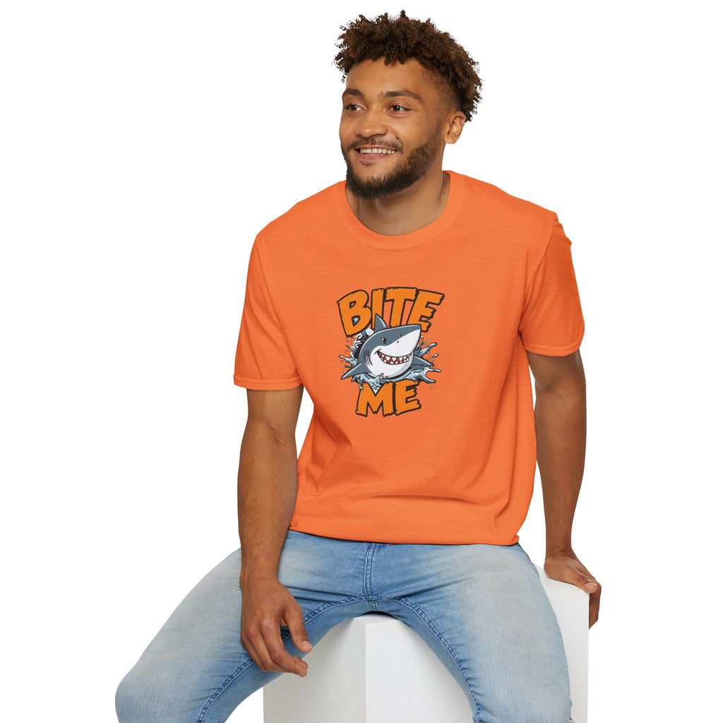 Unisex Softstyle T-Shirt,Bite Me Shark Shirt, Funny Beach Tee, Summer Ocean Shirt, Shark Lover Gift, Coastal Humor T-Shirt