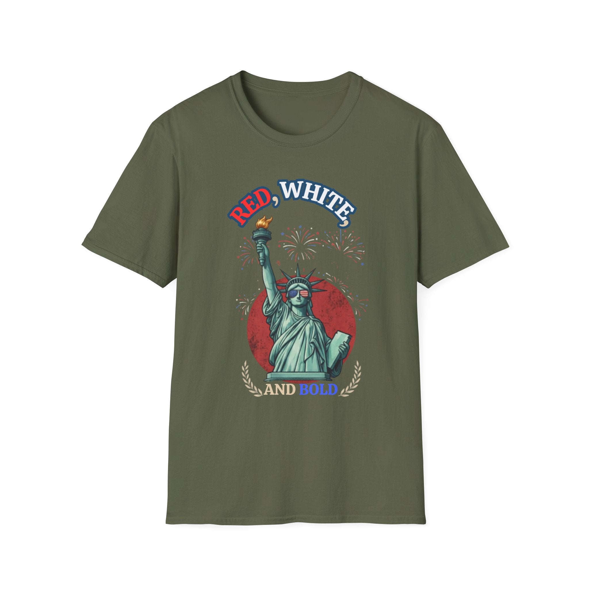 Unisex Softstyle T-Shirt, red white and bold statue of liberty