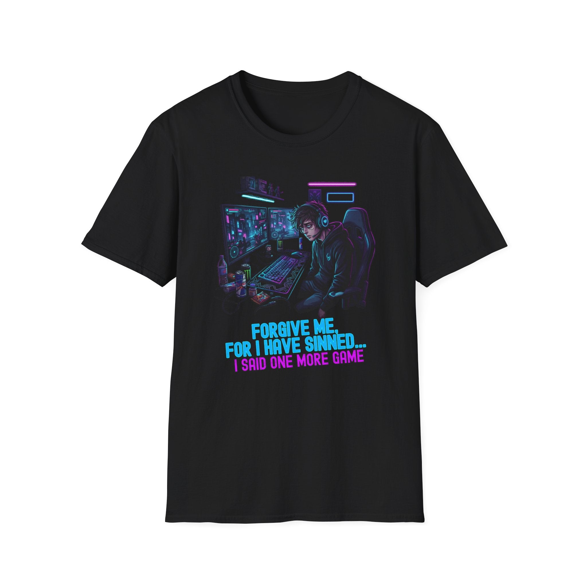 Unisex Softstyle T-Shirt, Forgive Me For I Have Sinned Gamer Shirt, One More Game Tee, Funny Gaming T-Shirt, Gamer Gift Idea, Neon Gaming Shirt