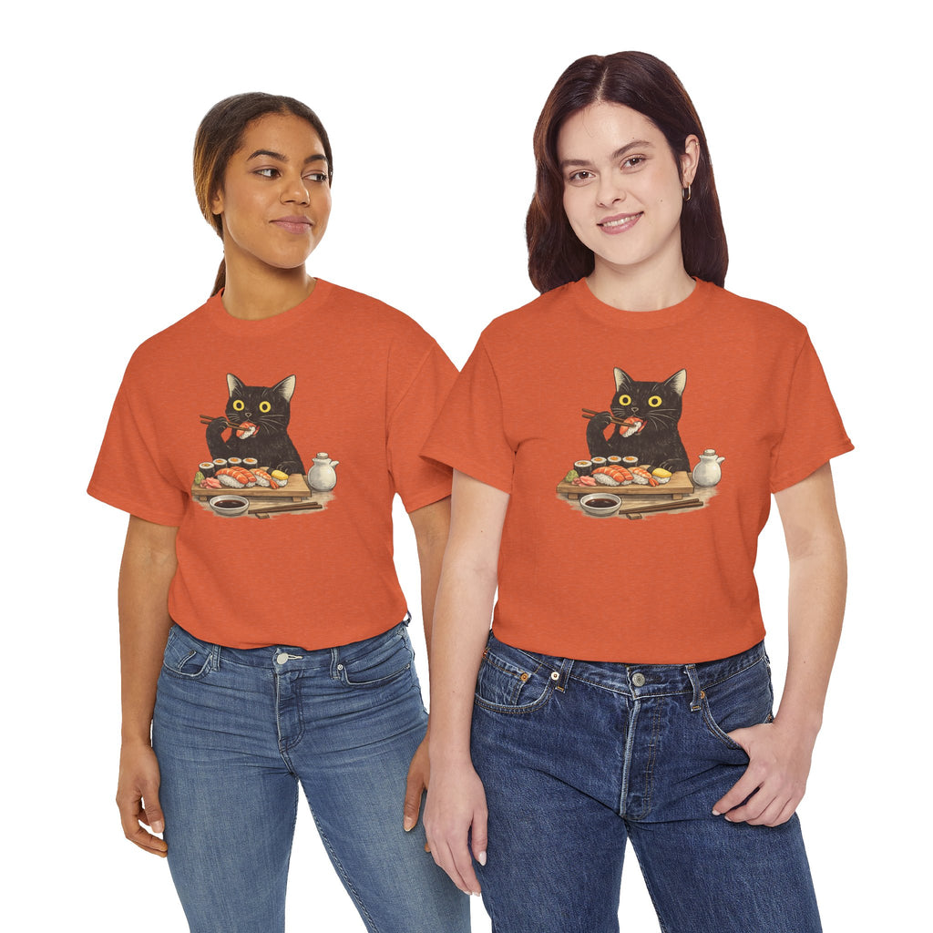 Unisex Heavy Cotton Tee, cat eating sushi