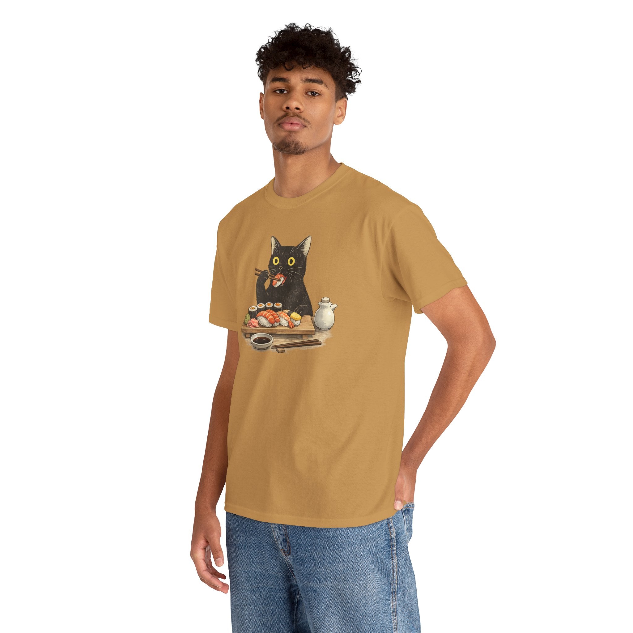 Unisex Heavy Cotton Tee, cat eating sushi