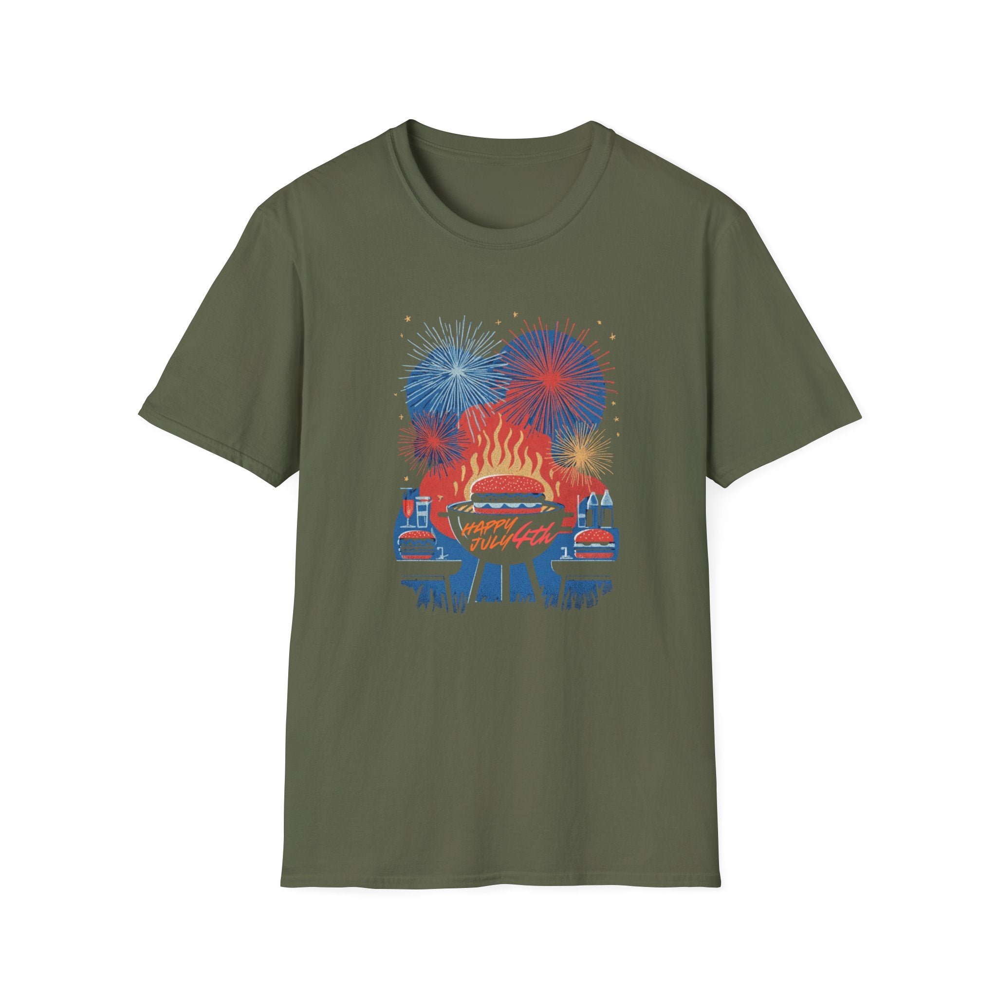 Unisex Softstyle T-Shirt, Happy Independence Day BBQ Shirt, 4th of July Party Tee, Grill & Fireworks Shirt