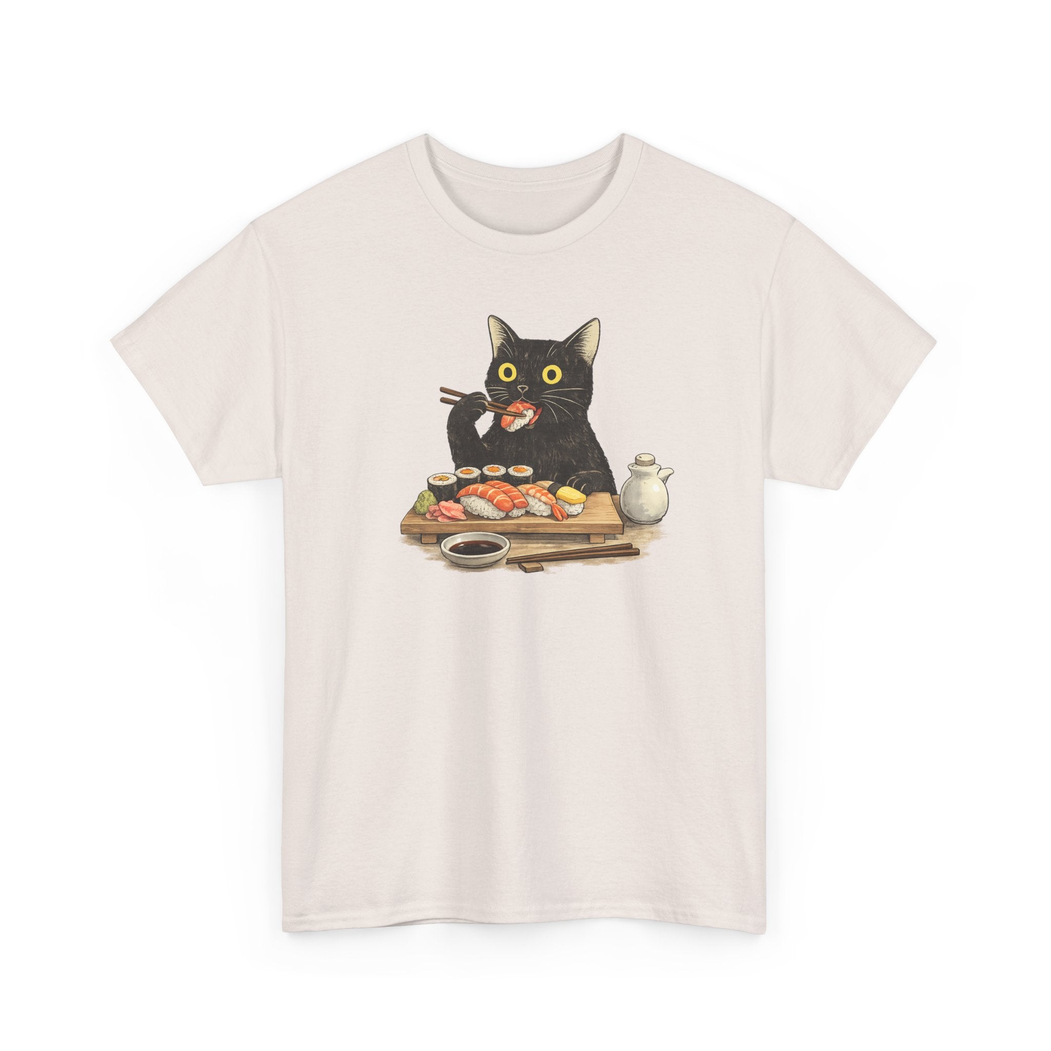 Unisex Heavy Cotton Tee, cat eating sushi