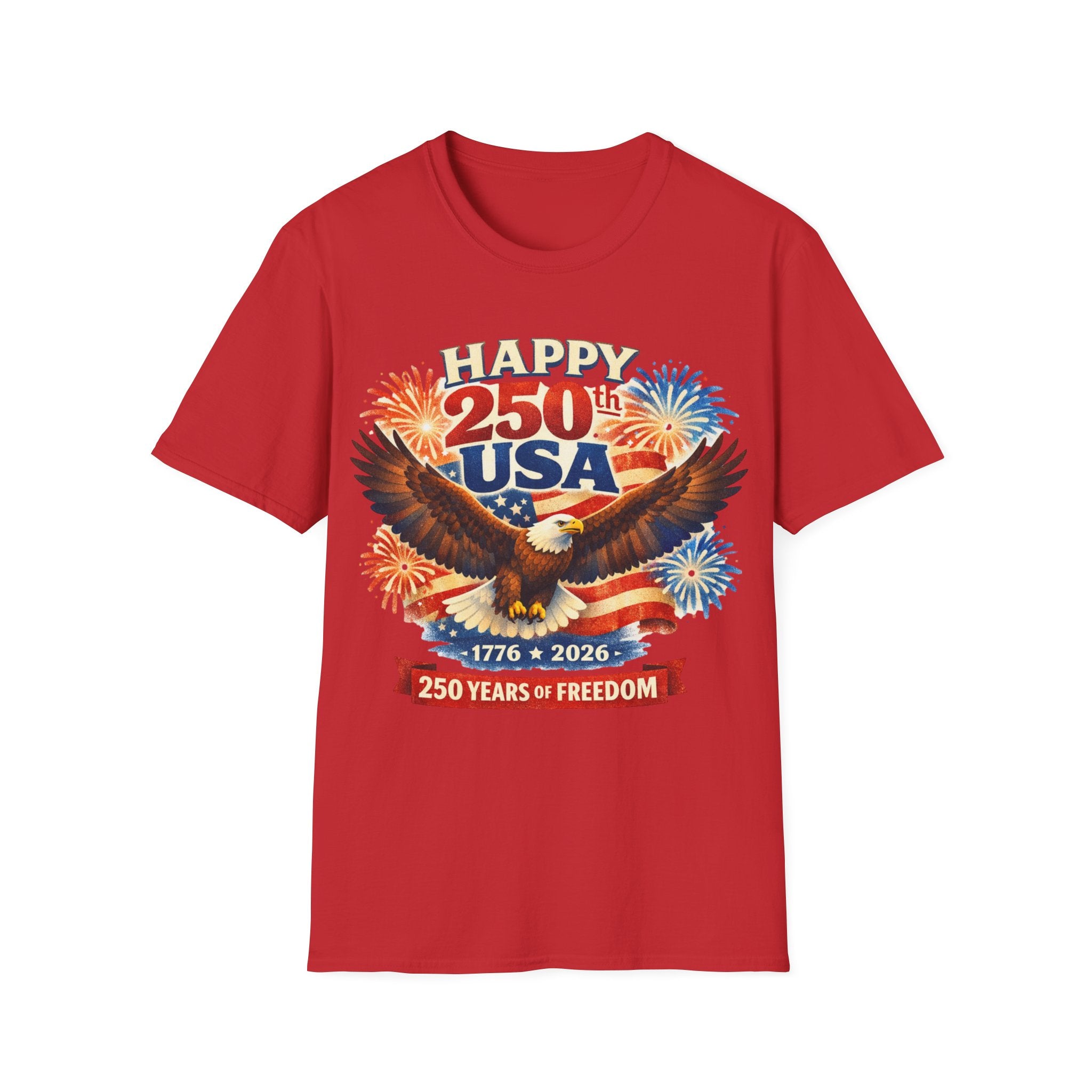 Unisex Softstyle T-Shirt, Happy 250th USA Shirt, 250 Years of Freedom Tee, Patriotic America 1776 2026 T-Shirt, USA Anniversary Shirt