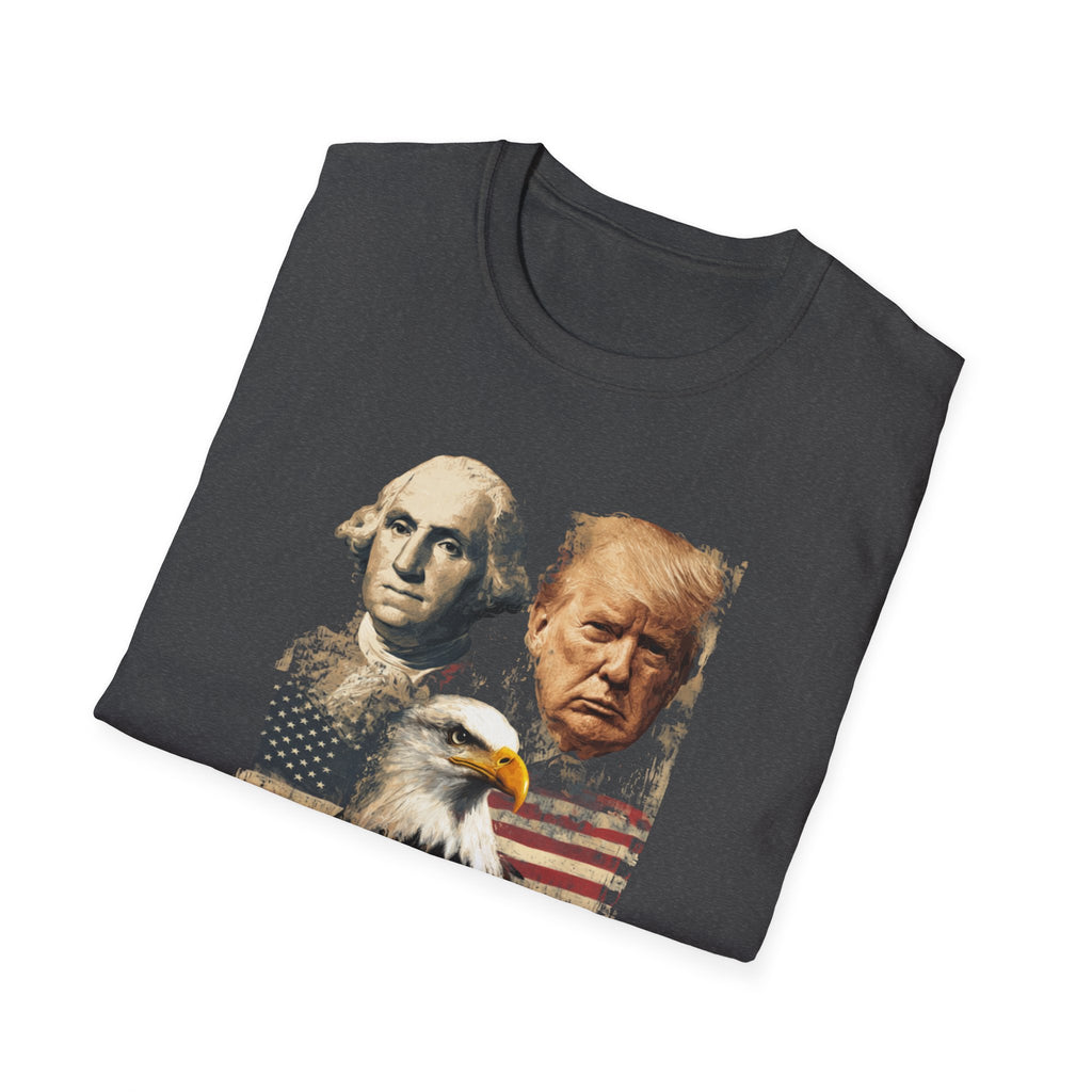 Unisex Softstyle T-Shirt, Faces Of Freedom Shirt, Washington Trump Patriotic Tee, American Eagle Flag Shirt, 4th of July Split Design USA Shirt