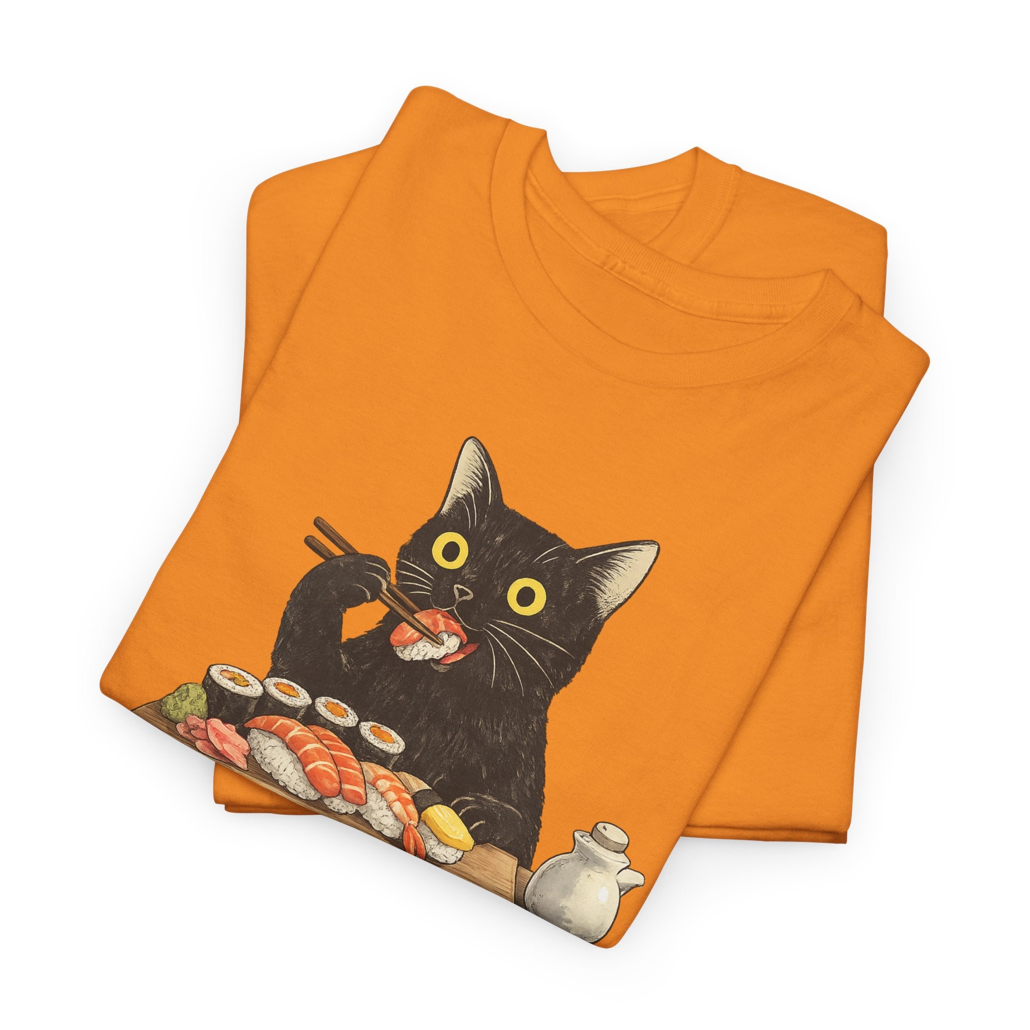 Unisex Heavy Cotton Tee, cat eating sushi