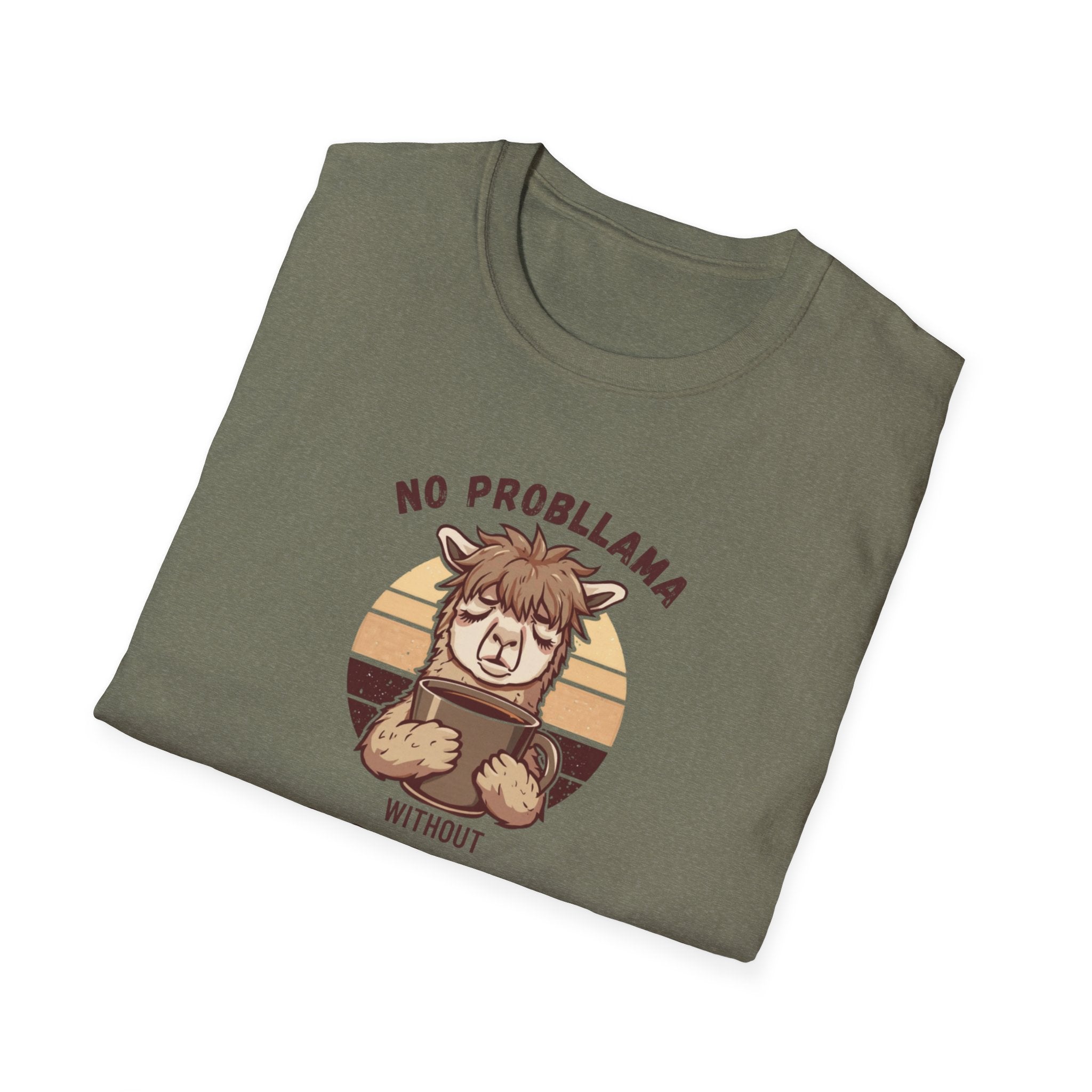 Unisex Softstyle T-Shirt, No Probllama Without Coffee Shirt, Funny Alpaca Coffee Tee, Sarcastic Morning Shirt, Coffee Addict Gift, Cute Animal Pun T-Shirt