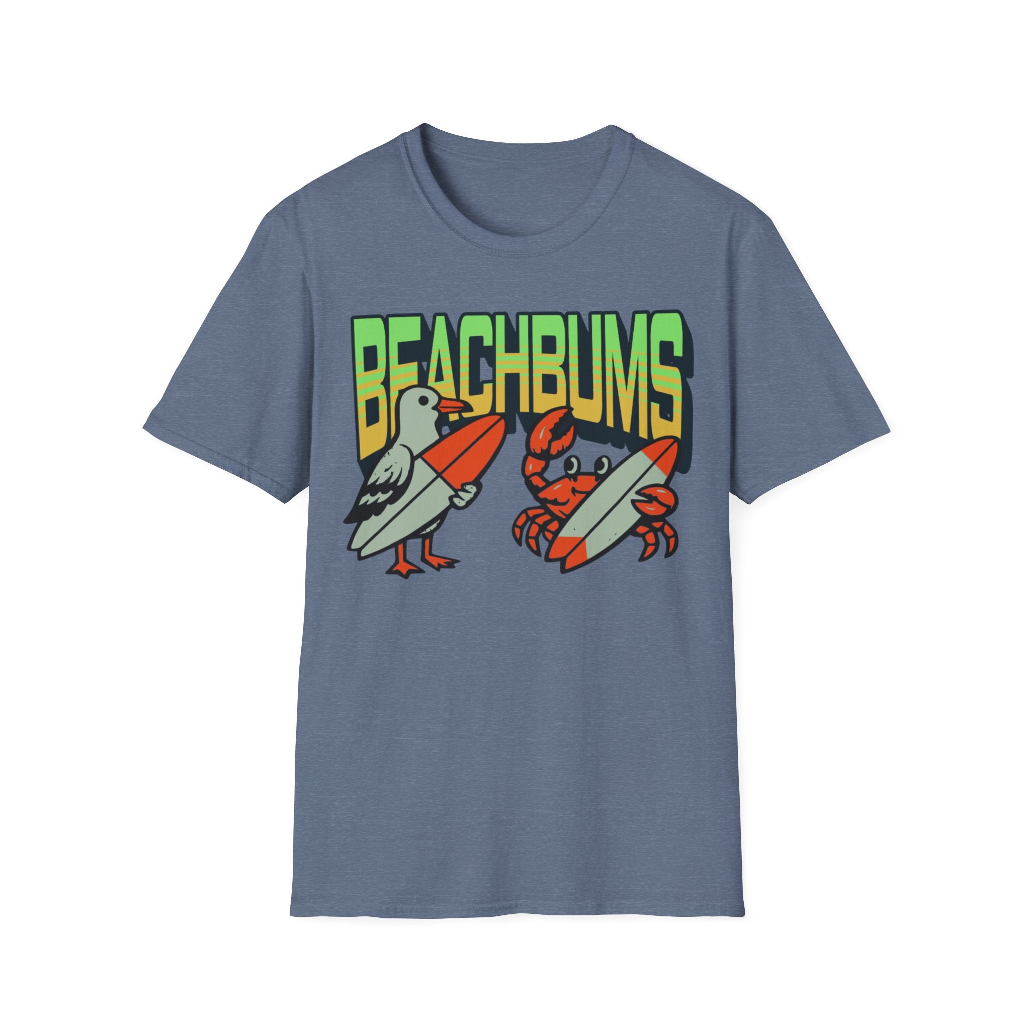 Unisex Softstyle T-Shirt, beachbums shirt, seagull and craps holding surf board