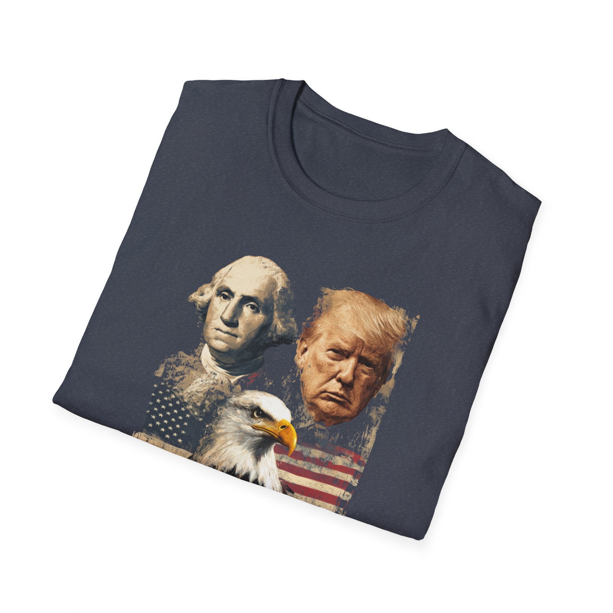 Unisex Softstyle T-Shirt, Faces Of Freedom Shirt, Washington Trump Patriotic Tee, American Eagle Flag Shirt, 4th of July Split Design USA Shirt