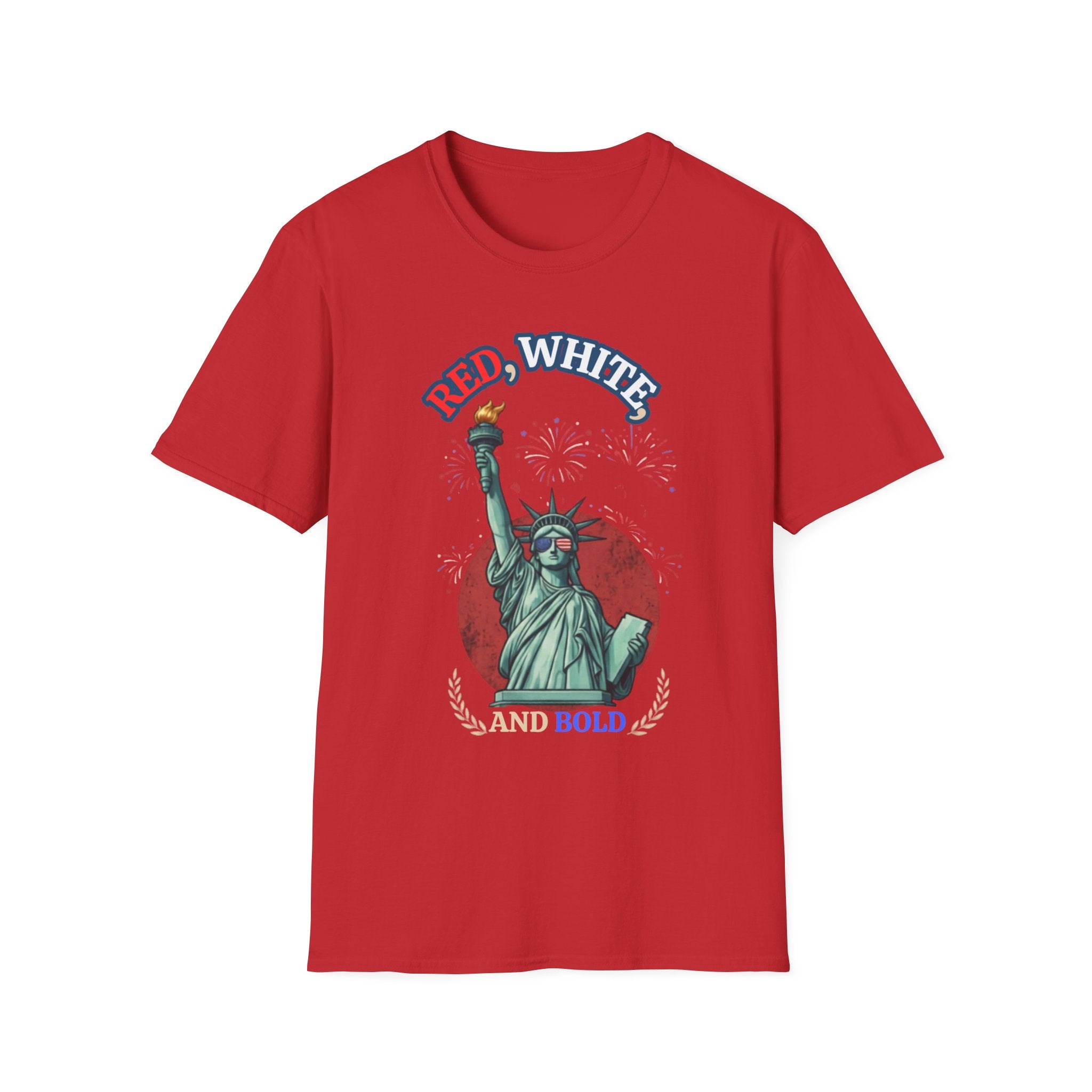 Unisex Softstyle T-Shirt, red white and bold statue of liberty