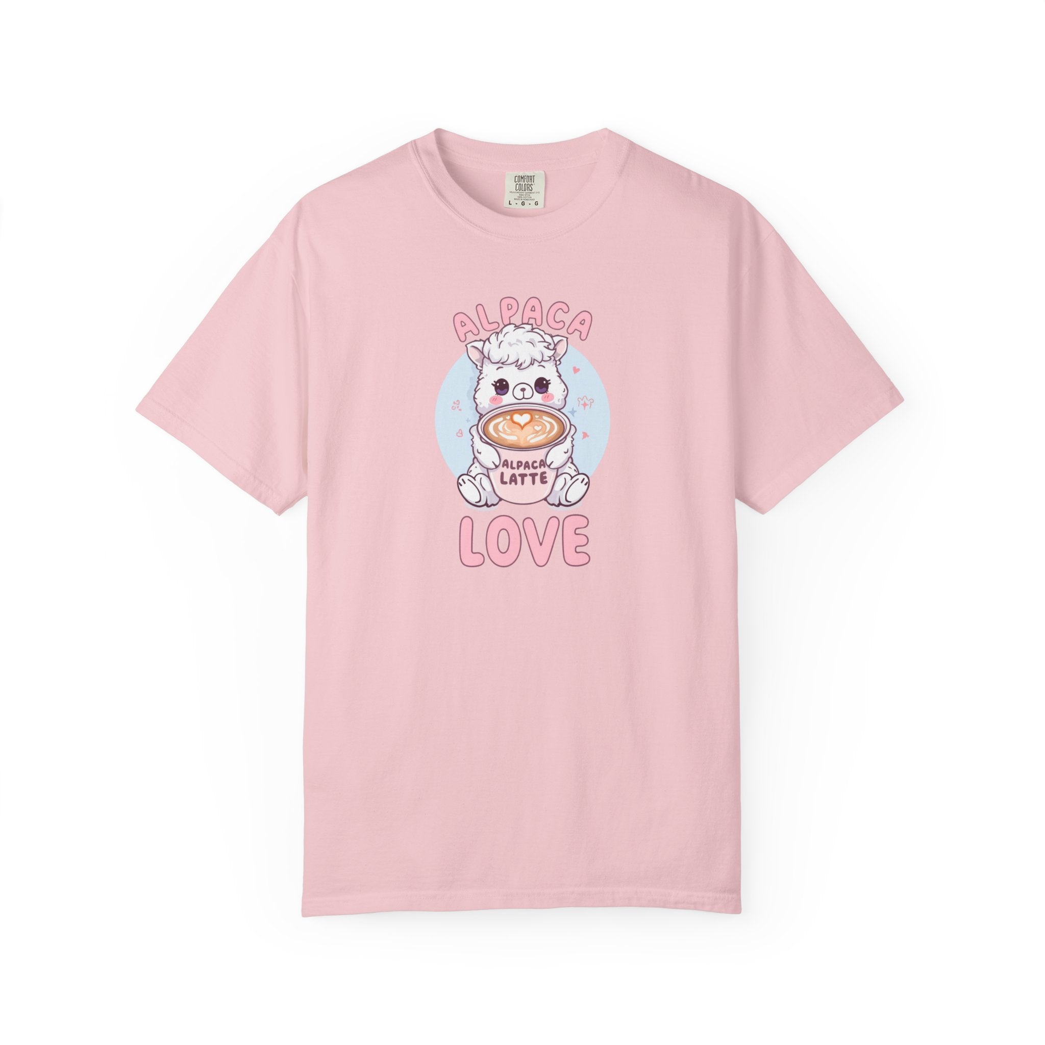 Unisex Garment-Dyed T-shirt, Alpaca Latte Love Shirt, Cute Coffee Lover Tee, Kawaii Alpaca Gift, Aesthetic Barista Shirt, Sweet Animal Graphic Tee