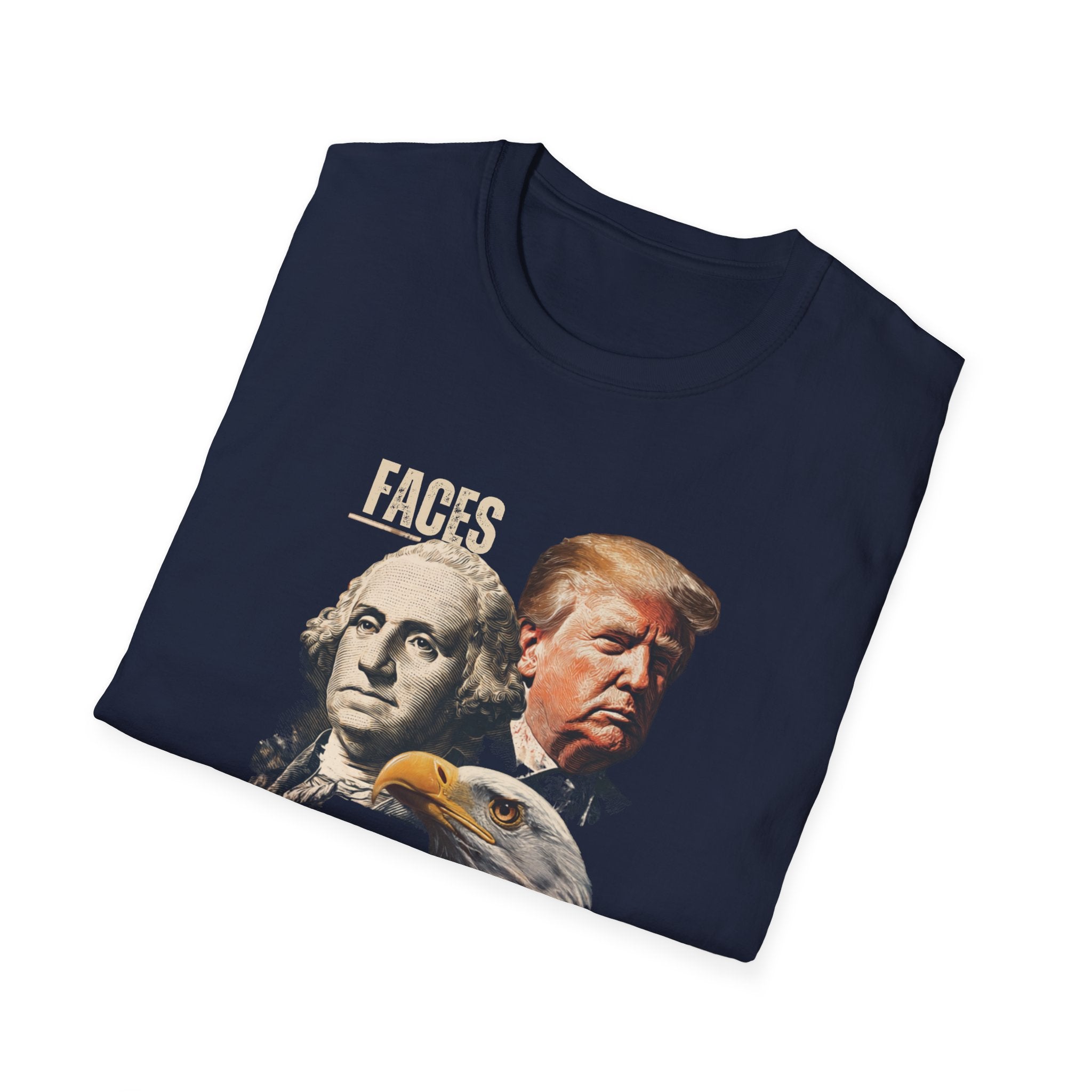 Unisex Softstyle T-Shirt, Faces Of Freedom Shirt, Washington Trump Patriotic Tee, American Eagle Flag Shirt, 4th of July Split Design USA Shirt