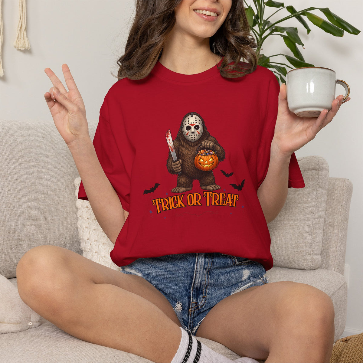 Unisex Garment-Dyed T-shirt, big foot wearing Jason mask