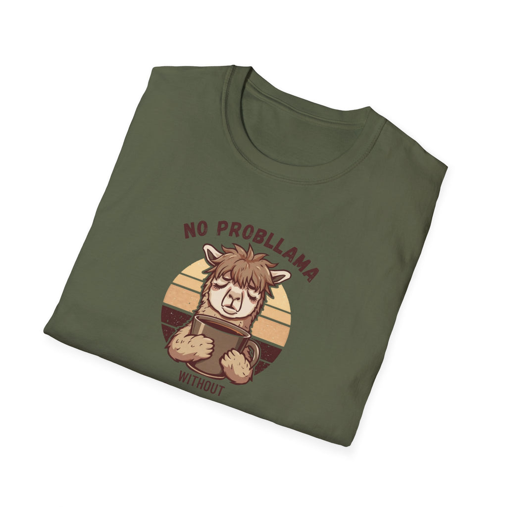 Unisex Softstyle T-Shirt, No Probllama Without Coffee Shirt, Funny Alpaca Coffee Tee, Sarcastic Morning Shirt, Coffee Addict Gift, Cute Animal Pun T-Shirt
