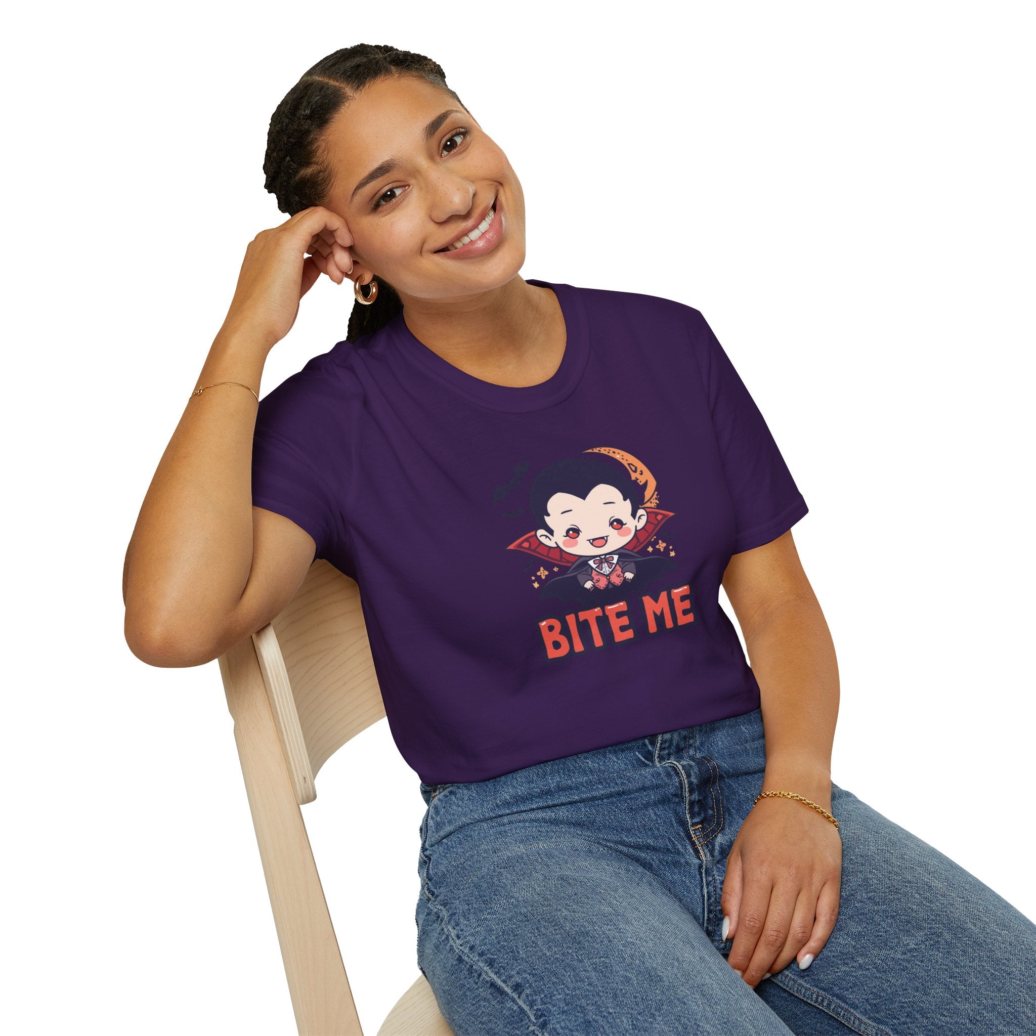 Unisex Softstyle T-Shirt,Bite Me Vampire Shirt, Cute Halloween Tee, Funny Spooky Shirt, Chibi Vampire T-Shirt, Gothic Funny Tee