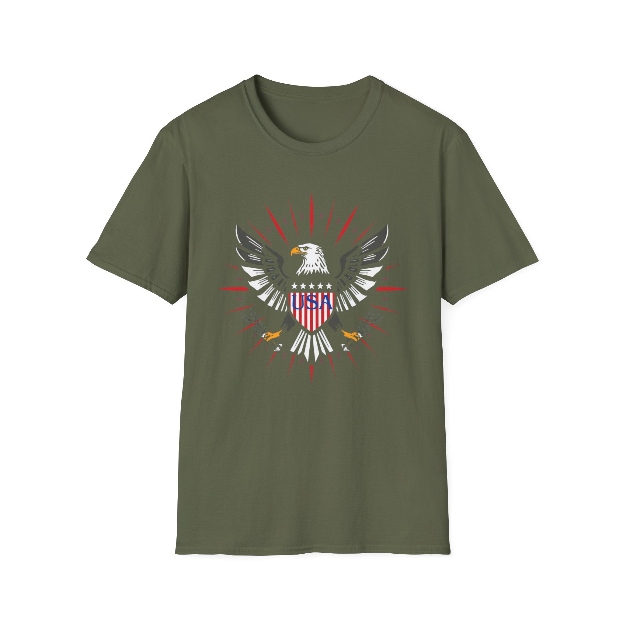 Unisex Softstyle T-Shirt, bold vector emblem, eagle crest, shield badge, patriotic colors, fireworks rays, clean lines, symmetrical design