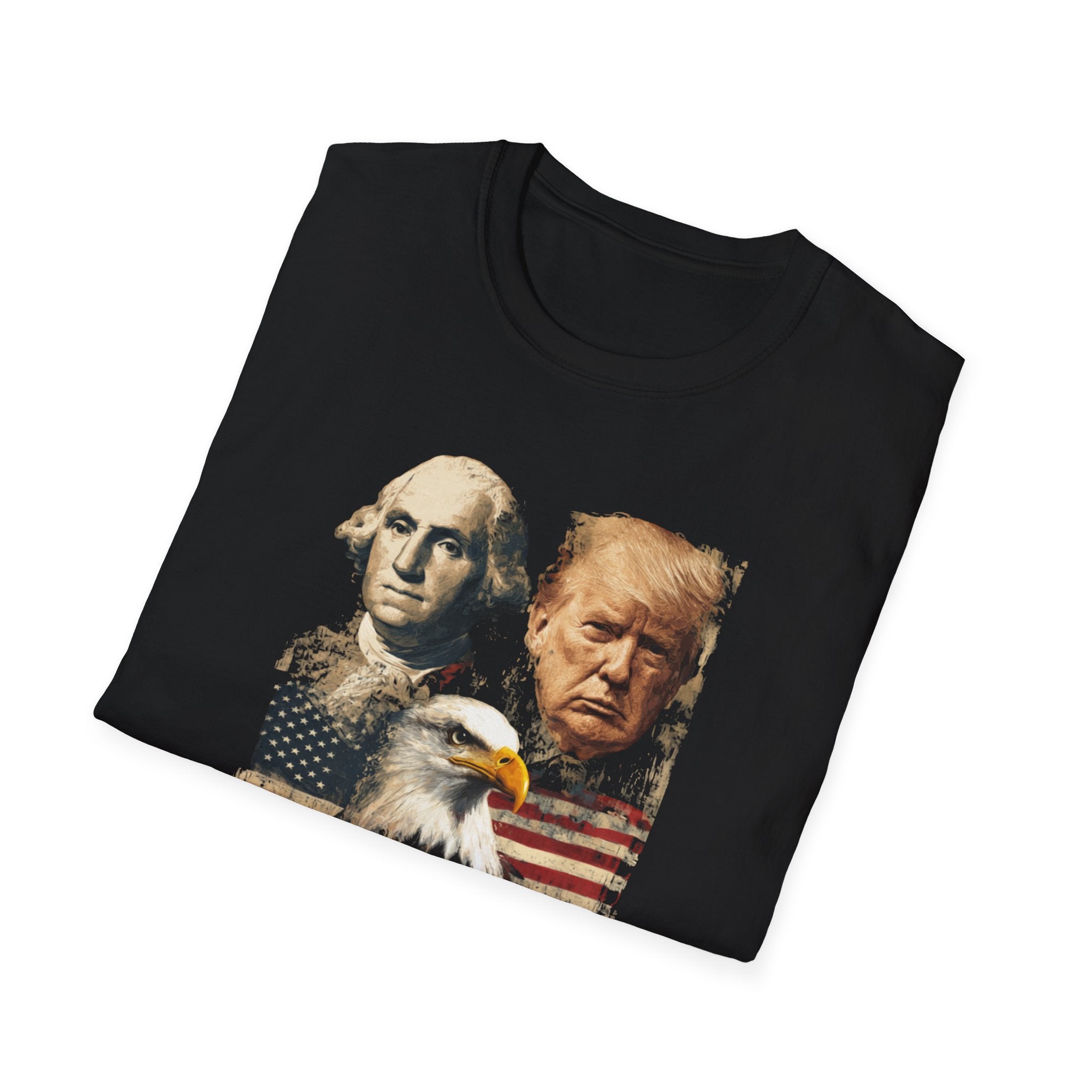 Unisex Softstyle T-Shirt, Faces Of Freedom Shirt, Washington Trump Patriotic Tee, American Eagle Flag Shirt, 4th of July Split Design USA Shirt