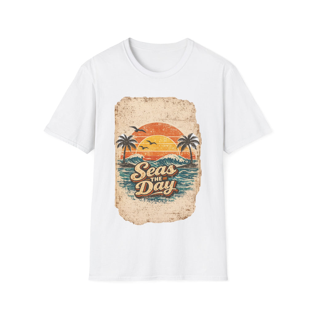 Unisex Softstyle T-Shirt, Seas The Day Beach Shirt, Retro Summer Vacation Tee, Ocean Lover T-Shirt, Coastal Graphic Tee