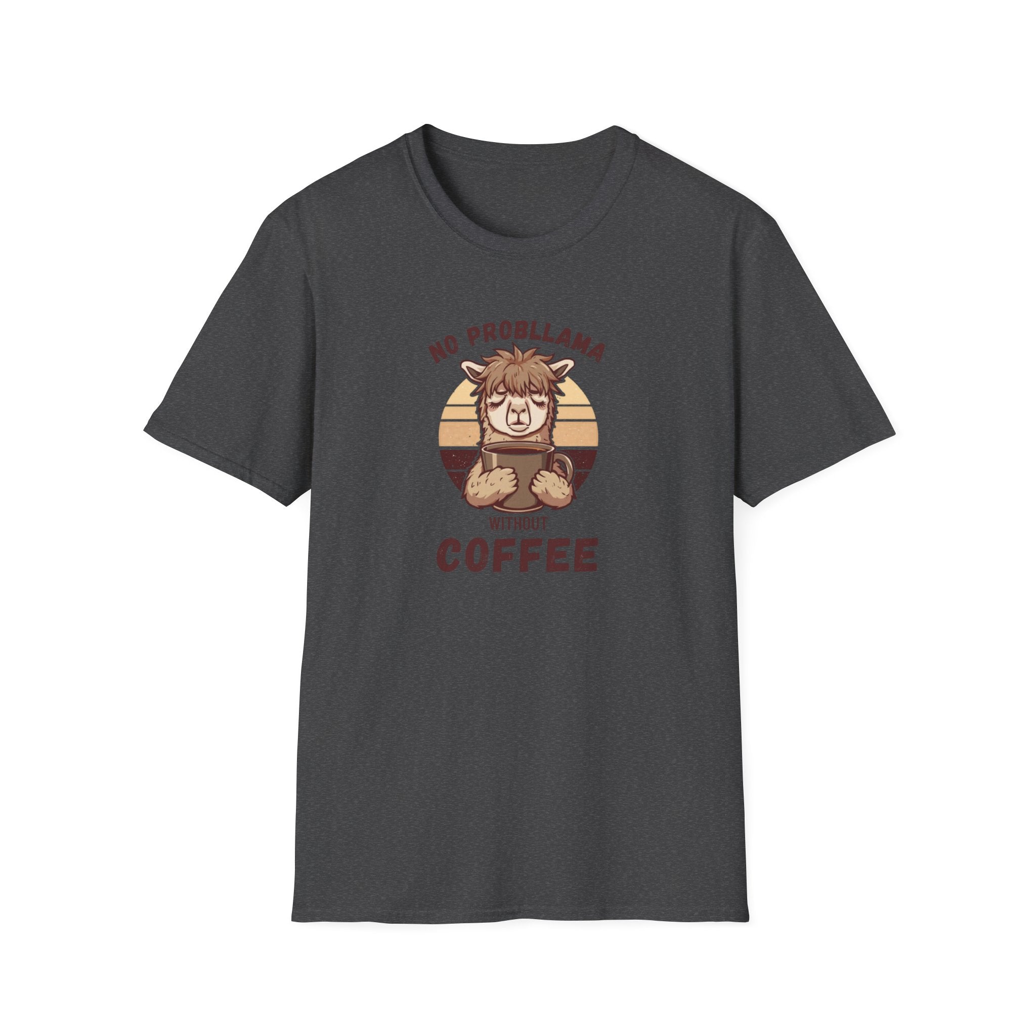 Unisex Softstyle T-Shirt, No Probllama Without Coffee Shirt, Funny Alpaca Coffee Tee, Sarcastic Morning Shirt, Coffee Addict Gift, Cute Animal Pun T-Shirt
