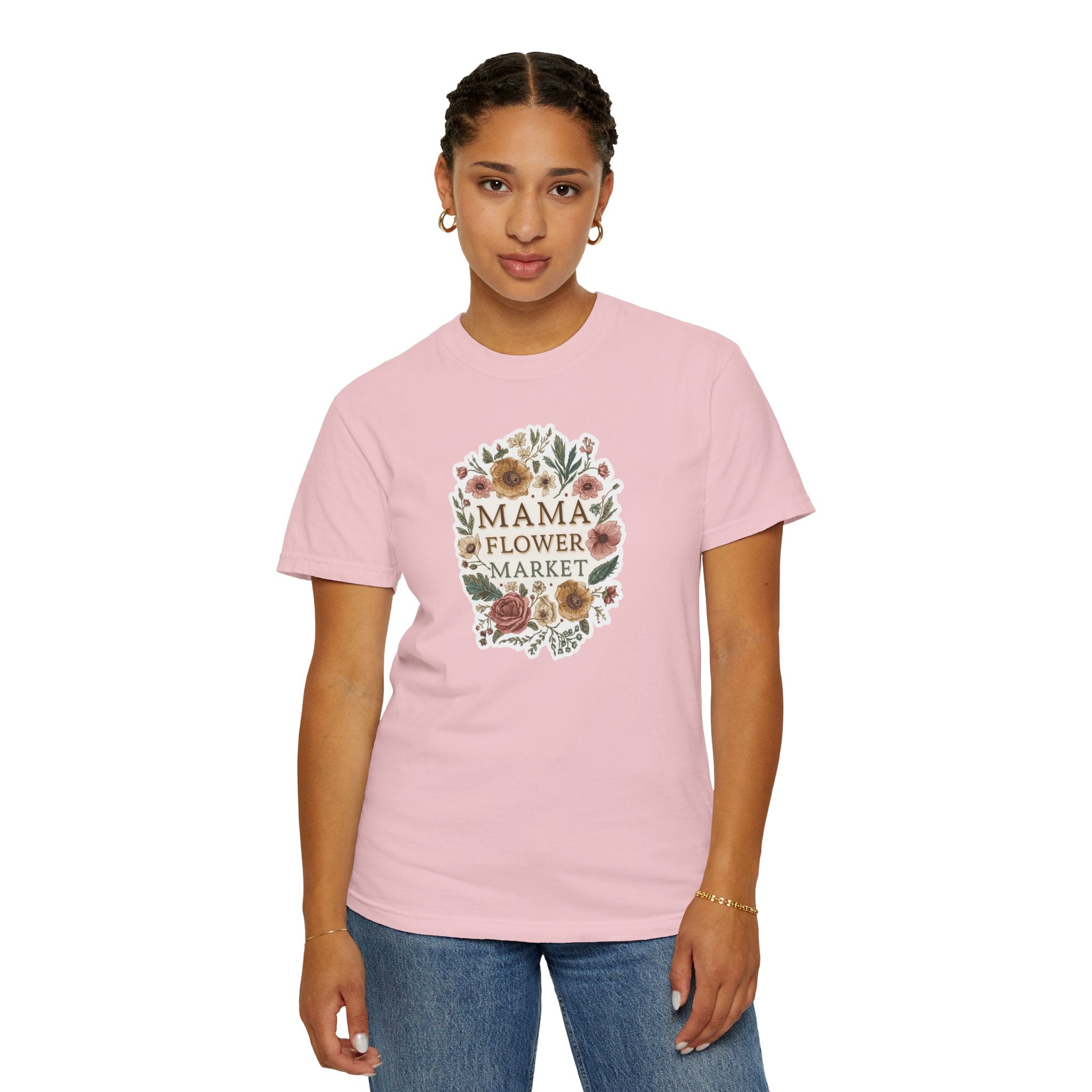 Unisex Garment-Dyed T-shirt, Mama Flower Market Shirt, Floral Mom Tee, Cottagecore Mom Shirt