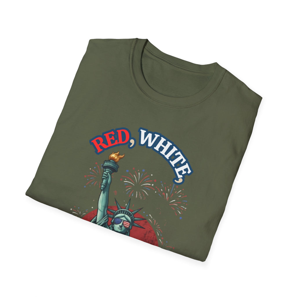 Unisex Softstyle T-Shirt, red white and bold statue of liberty