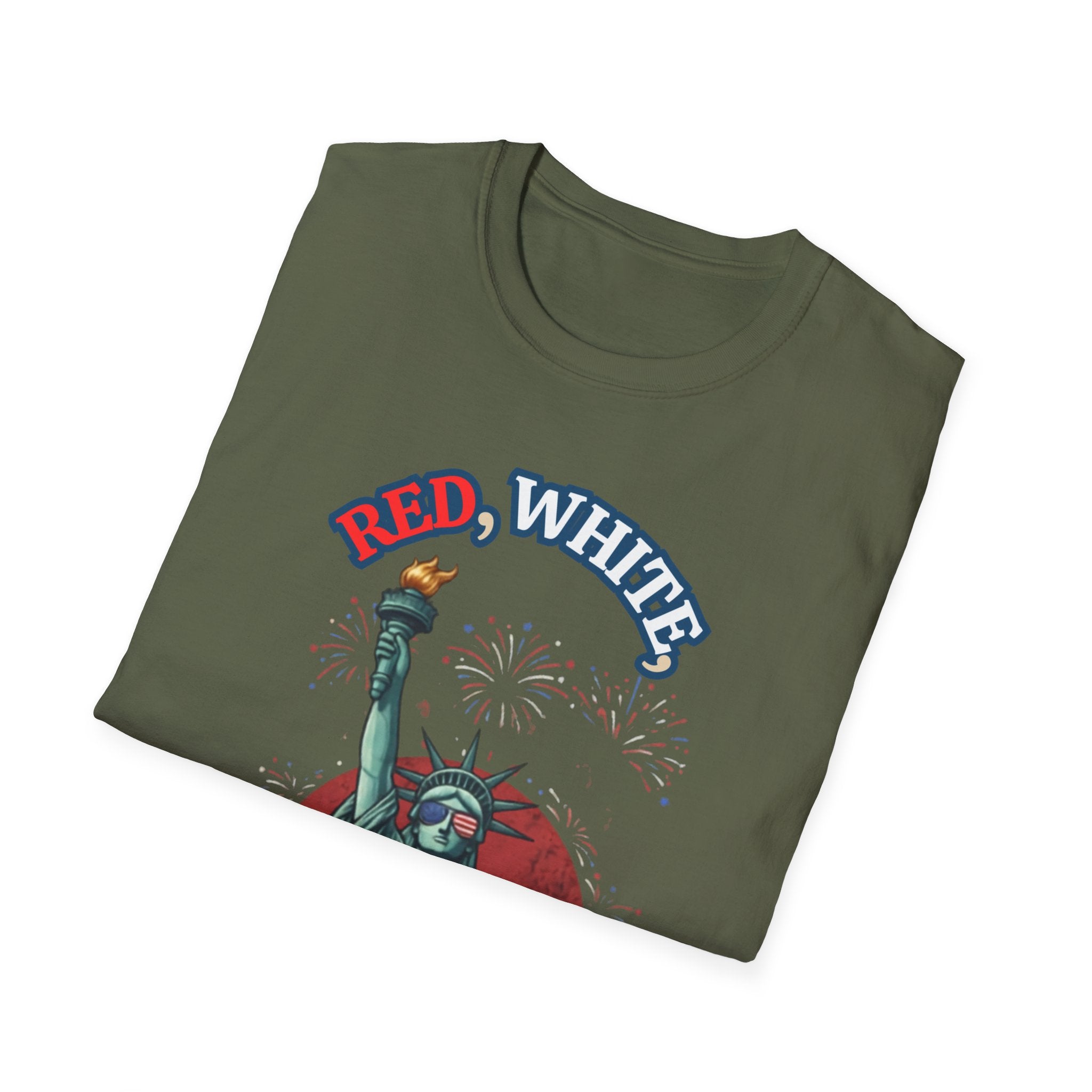 Unisex Softstyle T-Shirt, red white and bold statue of liberty