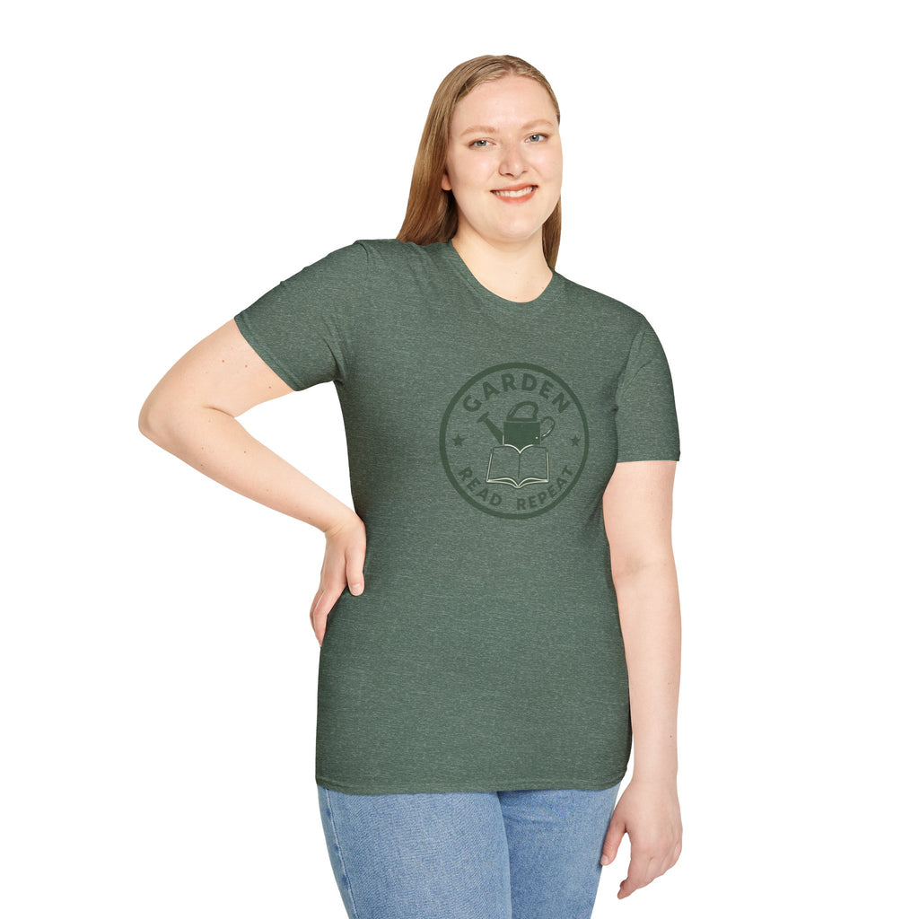 Unisex Softstyle T-Shirt,Garden Read Repeat Shirt, Gardening Book Lover Tee, Plant Reader Gift, Garden Lover T-Shirt, Bookish Gardener Tee