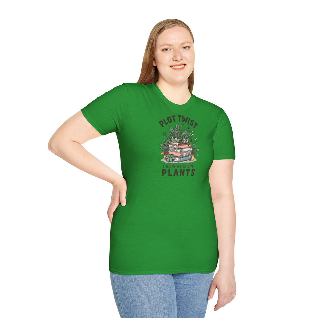 Unisex Softstyle T-Shirt,Plot Twist I Bought More Plants Shirt, Funny Plant Lover Tee, Book Lover Plant Mom Gift, Houseplant Humor T-Shirt