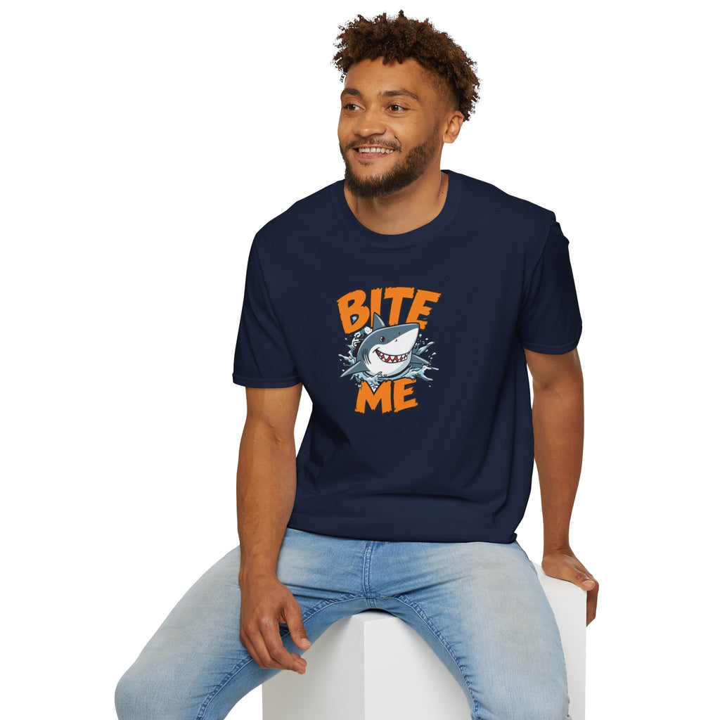 Unisex Softstyle T-Shirt,Bite Me Shark Shirt, Funny Beach Tee, Summer Ocean Shirt, Shark Lover Gift, Coastal Humor T-Shirt