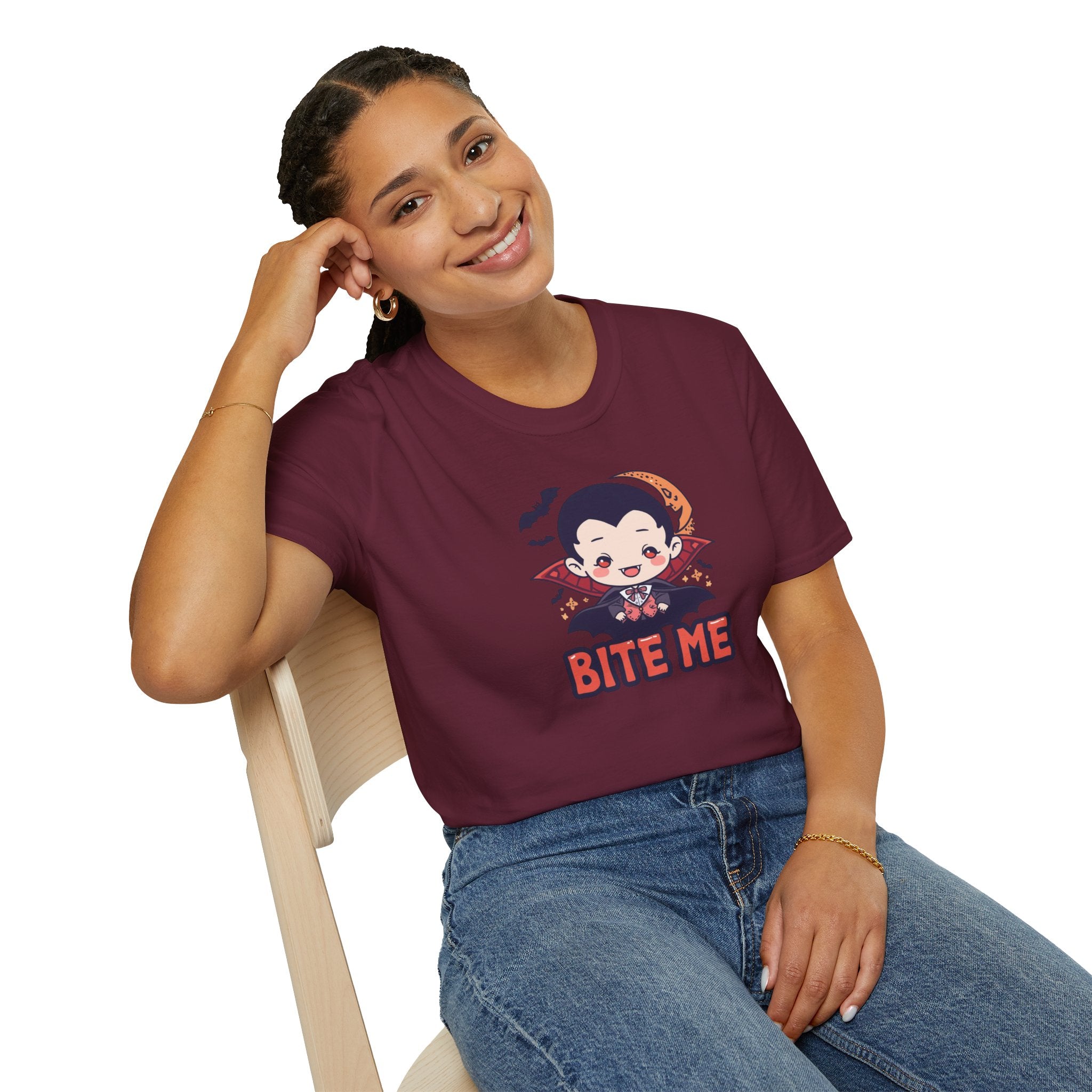Unisex Softstyle T-Shirt,Bite Me Vampire Shirt, Cute Halloween Tee, Funny Spooky Shirt, Chibi Vampire T-Shirt, Gothic Funny Tee