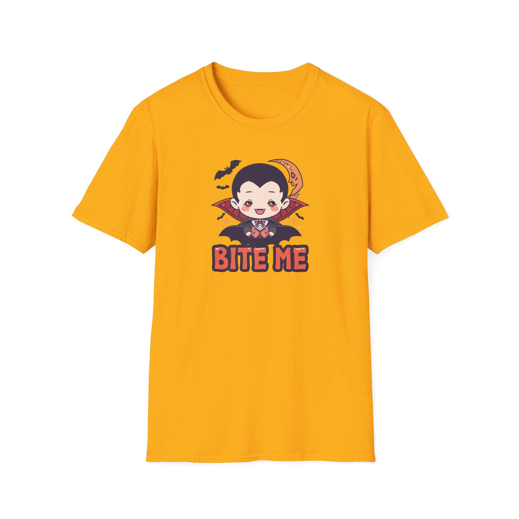 Unisex Softstyle T-Shirt,Bite Me Vampire Shirt, Cute Halloween Tee, Funny Spooky Shirt, Chibi Vampire T-Shirt, Gothic Funny Tee