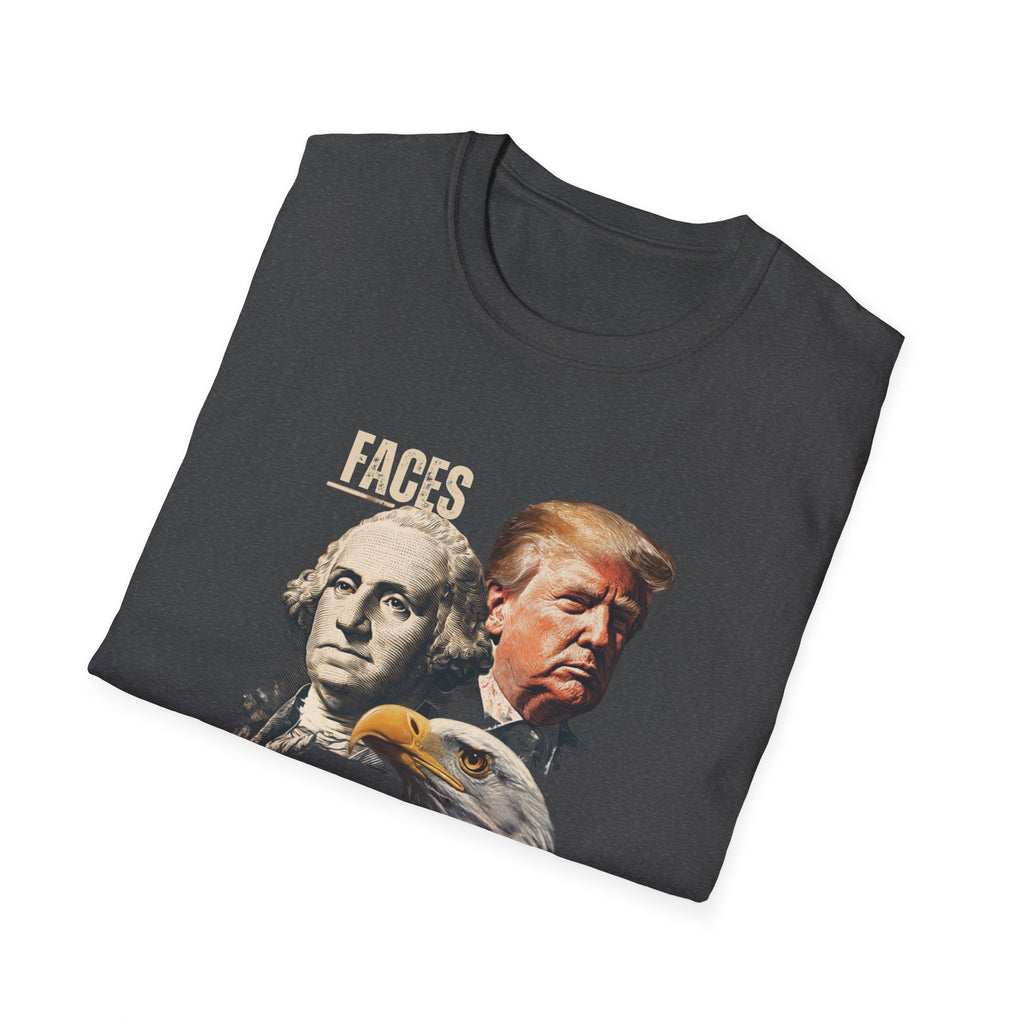 Unisex Softstyle T-Shirt, Faces Of Freedom Shirt, Washington Trump Patriotic Tee, American Eagle Flag Shirt, 4th of July Split Design USA Shirt
