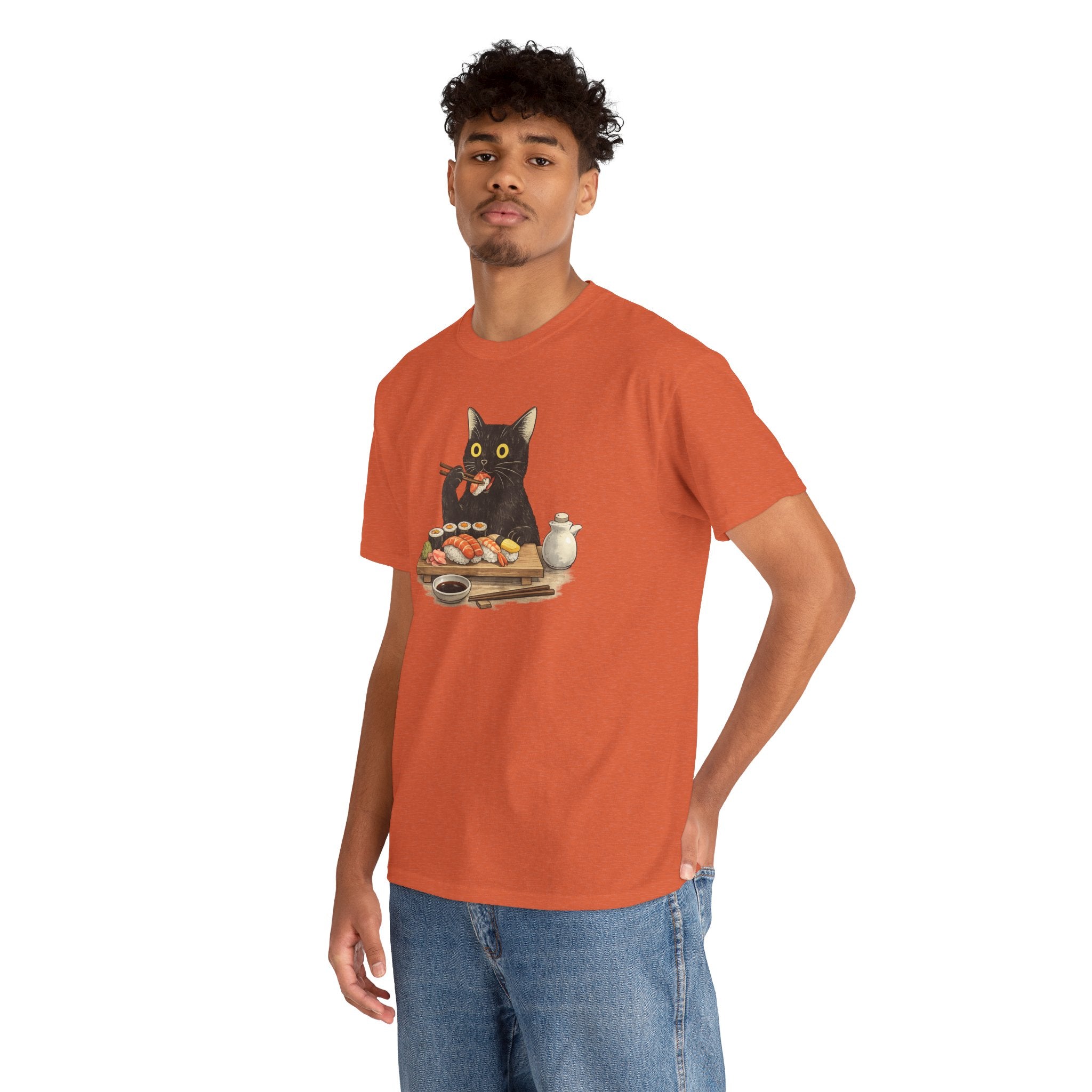Unisex Heavy Cotton Tee, cat eating sushi