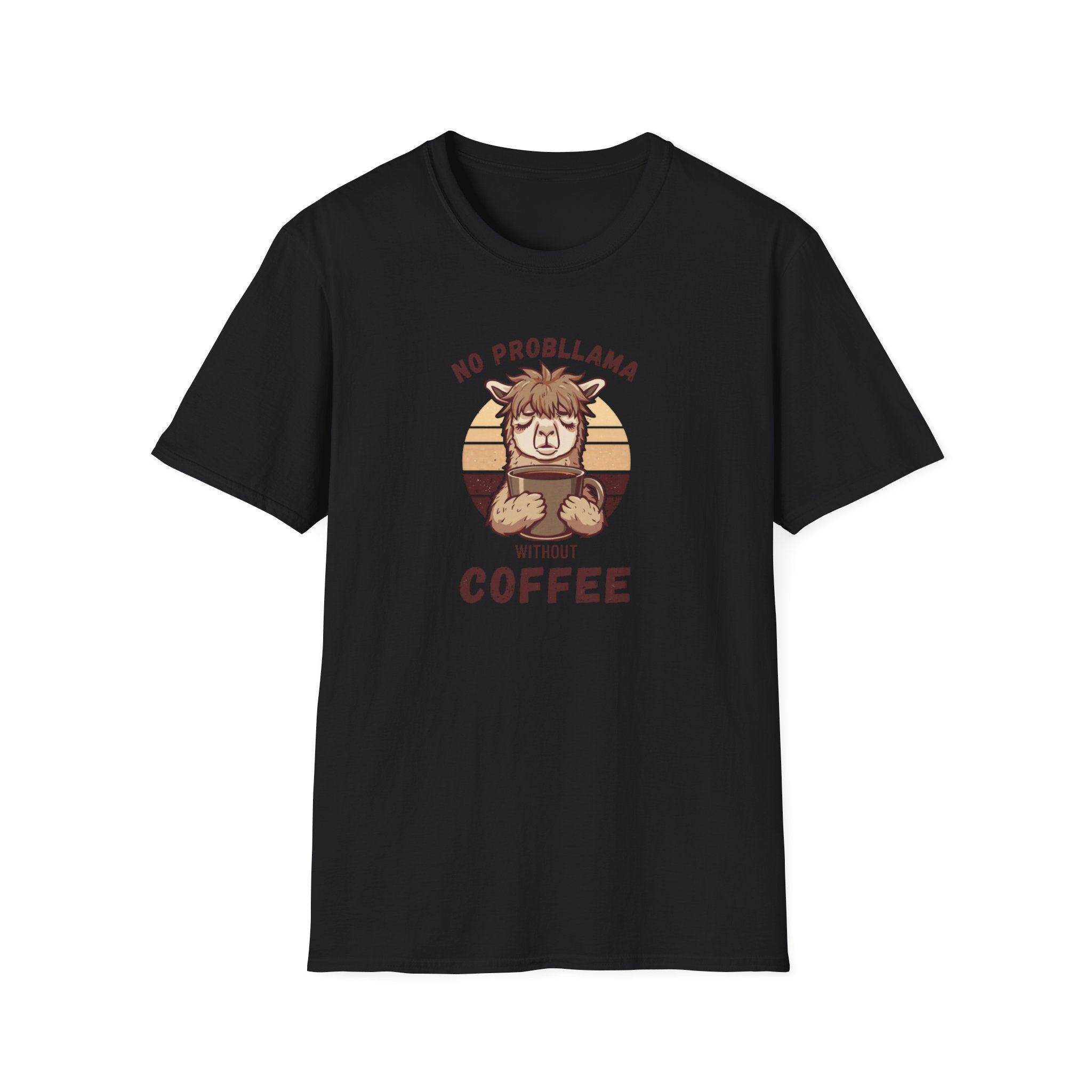 Unisex Softstyle T-Shirt, No Probllama Without Coffee Shirt, Funny Alpaca Coffee Tee, Sarcastic Morning Shirt, Coffee Addict Gift, Cute Animal Pun T-Shirt