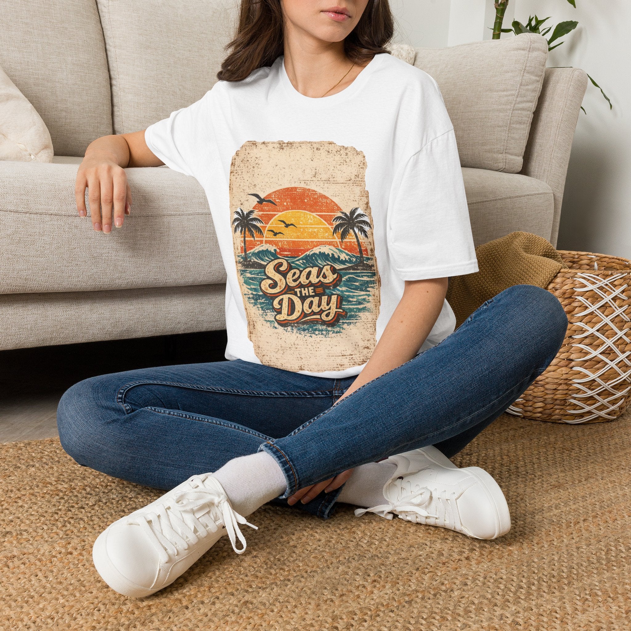 Unisex Softstyle T-Shirt, Seas The Day Beach Shirt, Retro Summer Vacation Tee, Ocean Lover T-Shirt, Coastal Graphic Tee