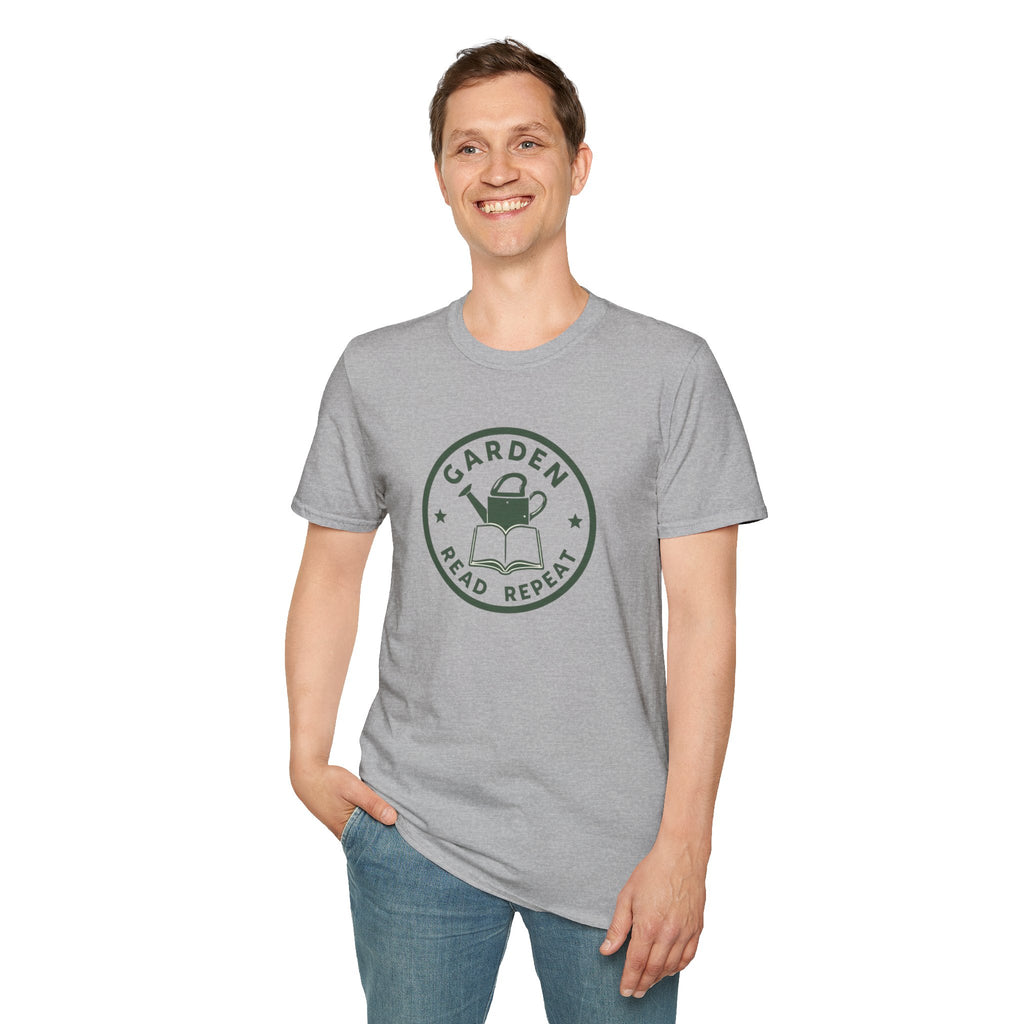 Unisex Softstyle T-Shirt,Garden Read Repeat Shirt, Gardening Book Lover Tee, Plant Reader Gift, Garden Lover T-Shirt, Bookish Gardener Tee