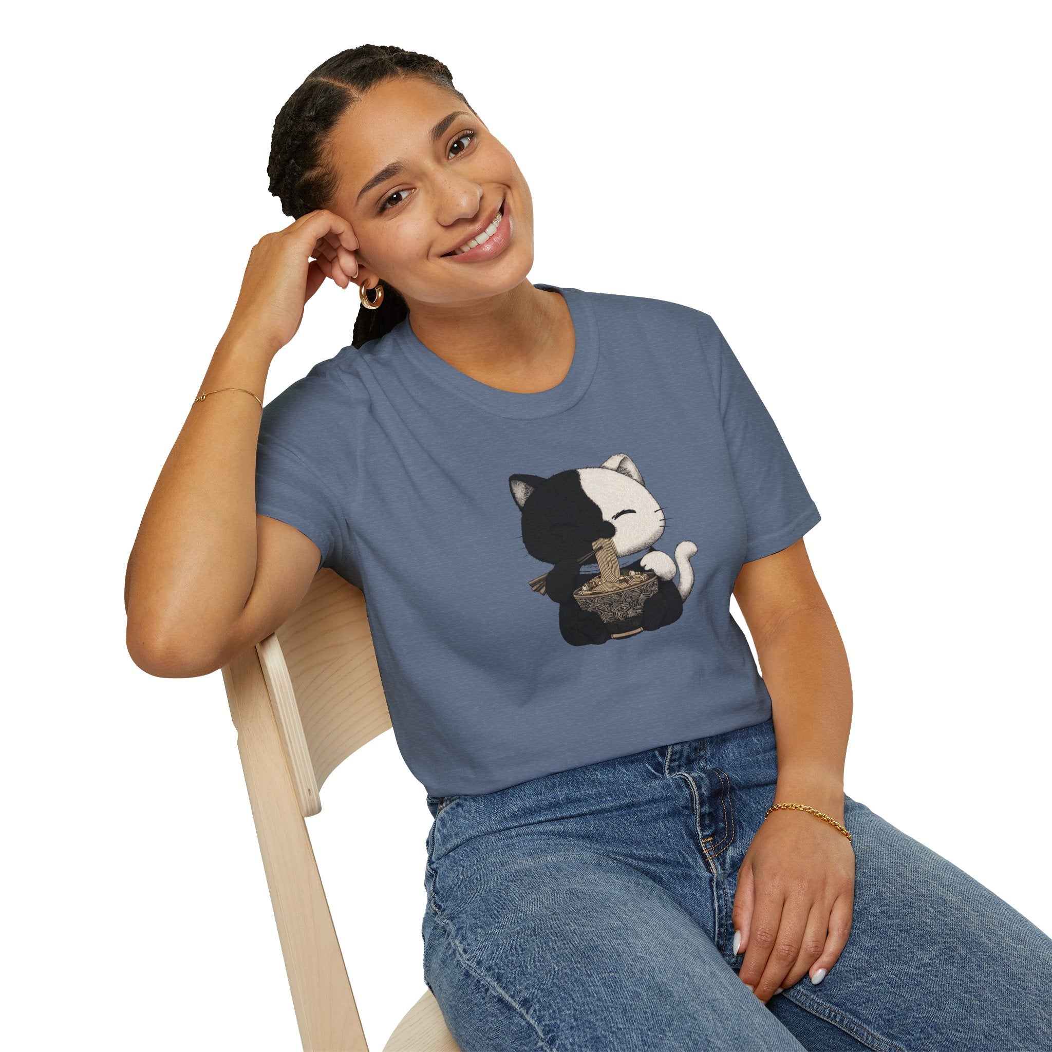 Unisex Softstyle T-Shirt, Cat eating Ramen