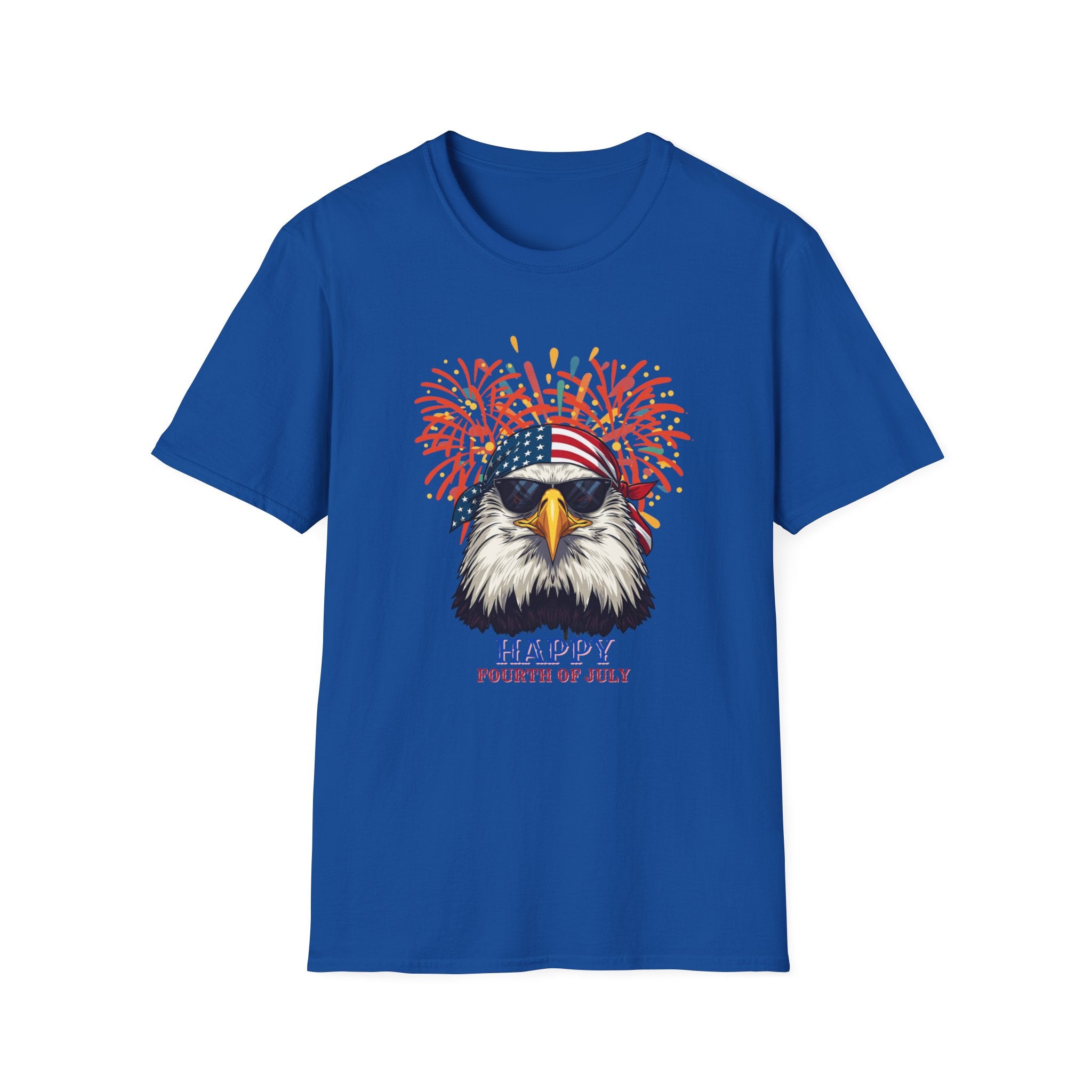 Unisex Softstyle T-Shirt, Funny American Eagle Sunglasses Shirt, Fourth of July Fireworks Tee, USA Pride Patriotic T-Shirt