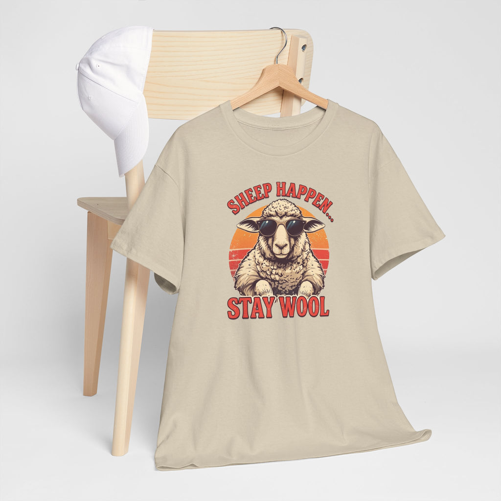 Unisex Heavy Cotton Tee,Sheep Happen Stay Wool Shirt, Retro Funny Sheep Tee, Vintage Animal Pun Shirt, Groovy Farm Humor T-Shirt, Cool Sheep Gift