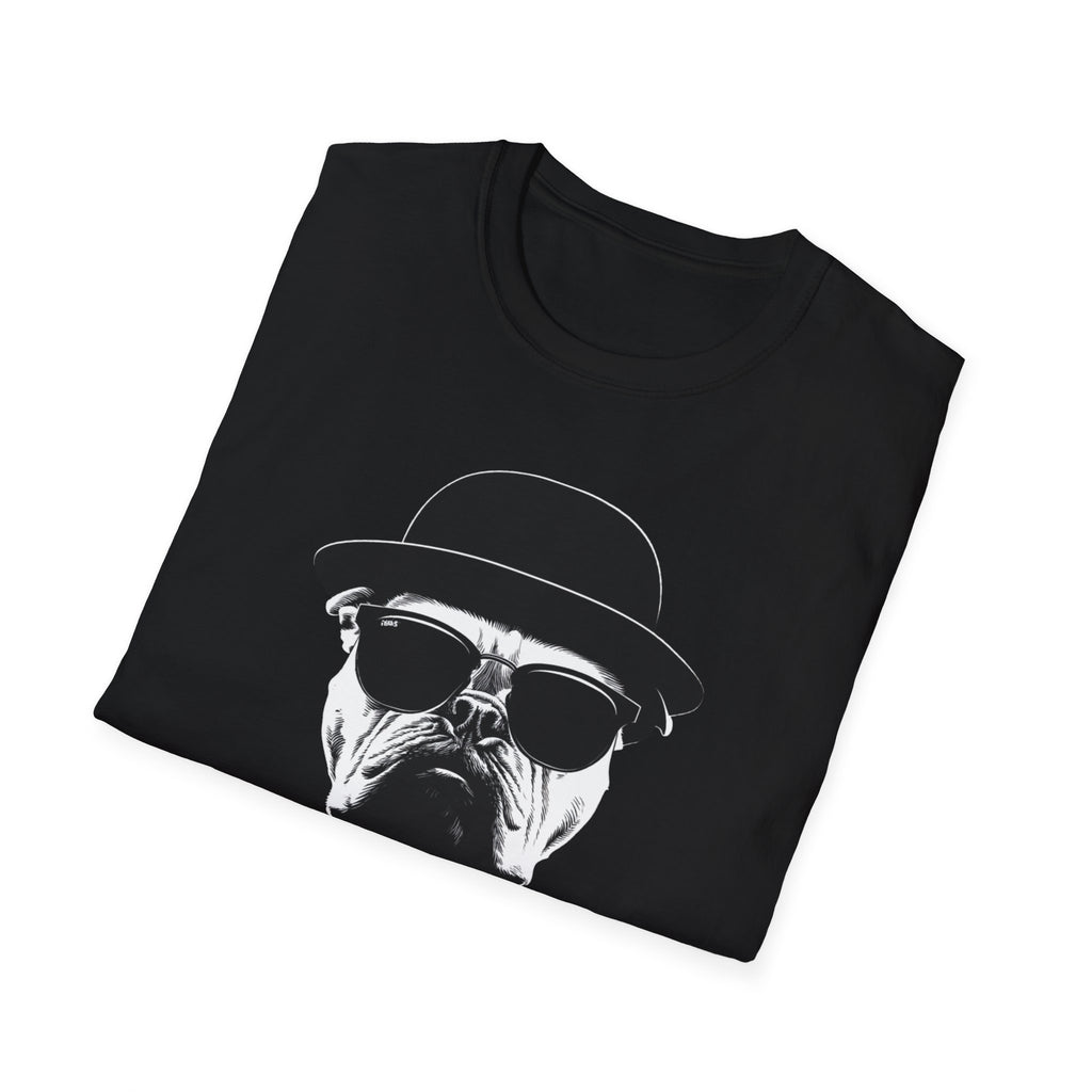 Unisex Softstyle T-Shirt, Bull Dog wearing Sun Glasses